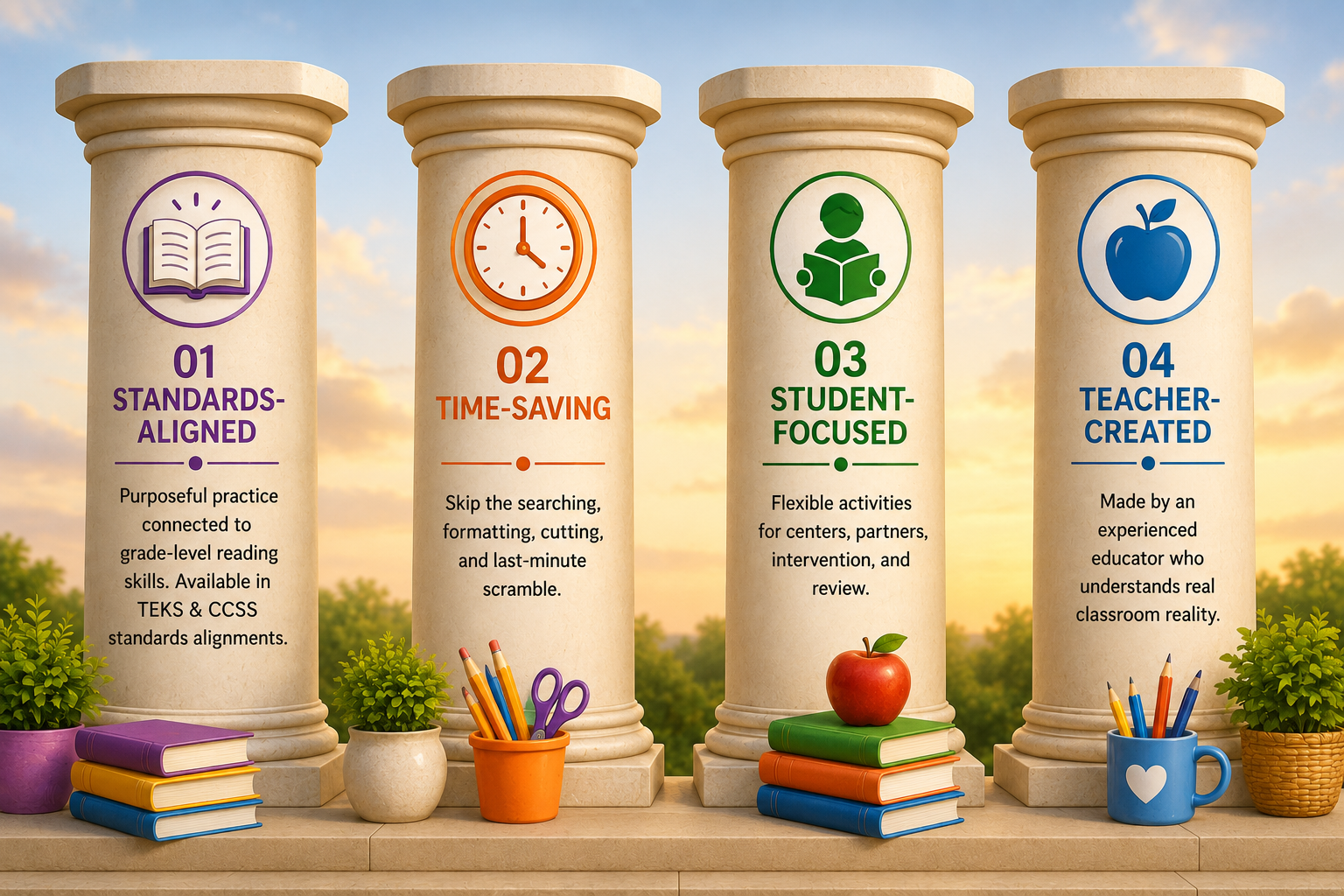 Four large columns with educational icons and descriptions, decorated with books, plants, and a cup of pencils, against a sunset sky. The columns highlight standards alignment, time-saving, student-focused activities, and teacher-created content.