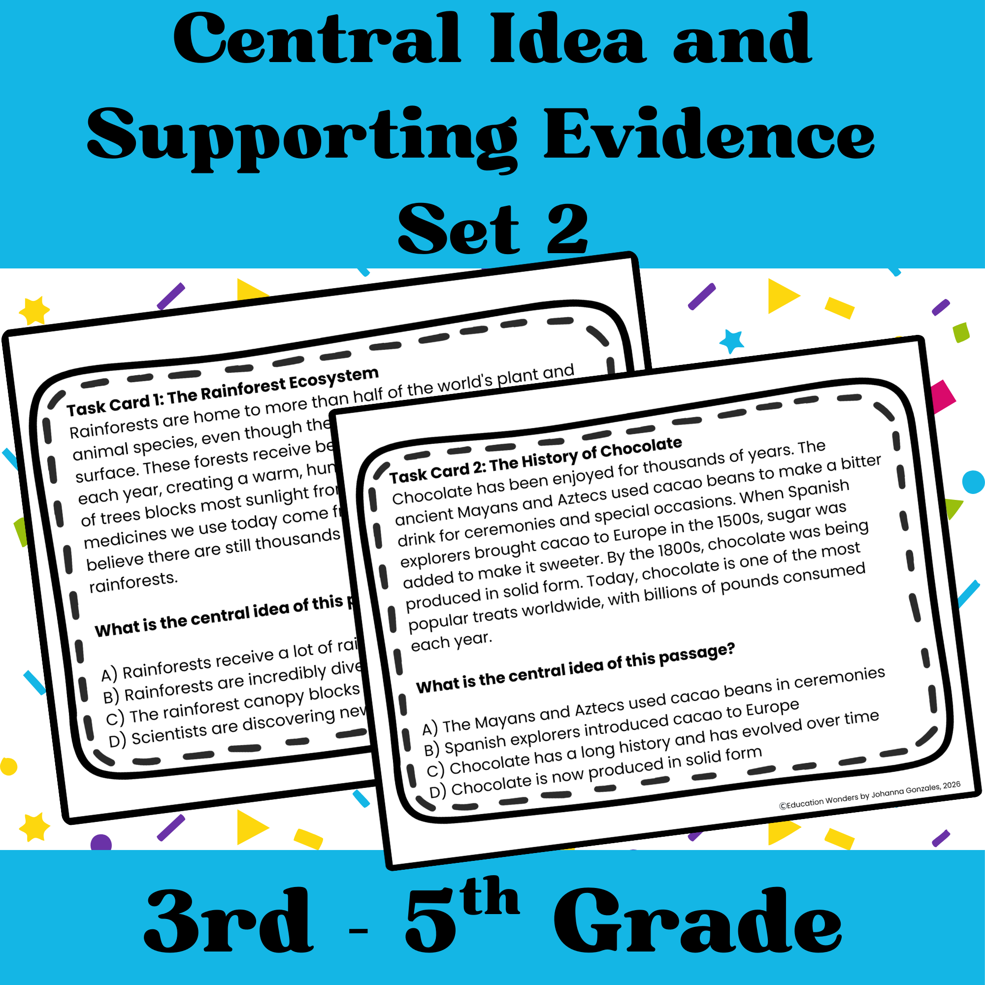 These Central Idea & Supporting Evidence Task Cards for Reading Comprehension give your students focused, structured practice while saving you valuable prep time. Designed for Grade 3-5 teachers, this resource makes it easy for students to identify w
