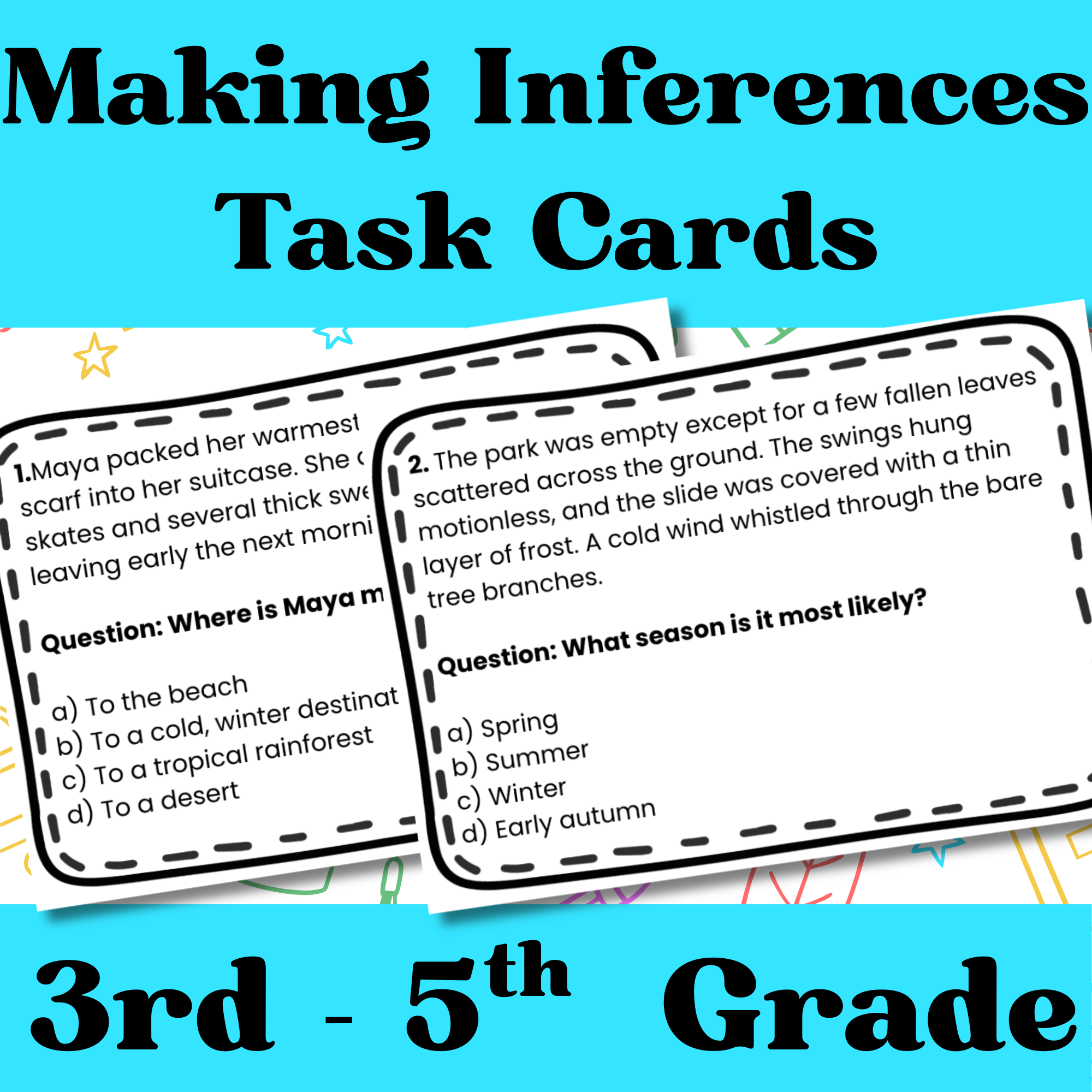 Help students strengthen their reading comprehension skills with these Making Inferences Task Cards! This low-prep, print-and-go resource is designed to help students use text clues and background knowledge to make meaningful inferences.
Each task ca