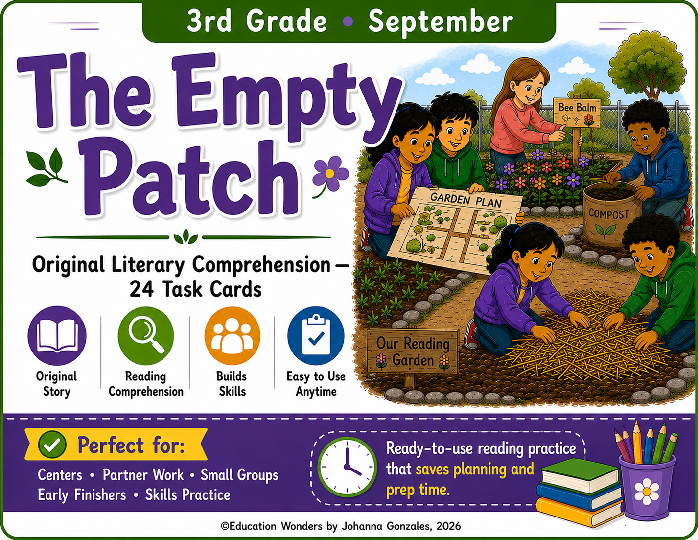 Cover of educational reading practice card set titled "The Empty Patch" for 3rd grade, September, with illustrations of children working in a garden, planting, and caring for plants. Contains 24 task cards for literacy comprehension, designed for centers, partner work, small groups, and early finishers.