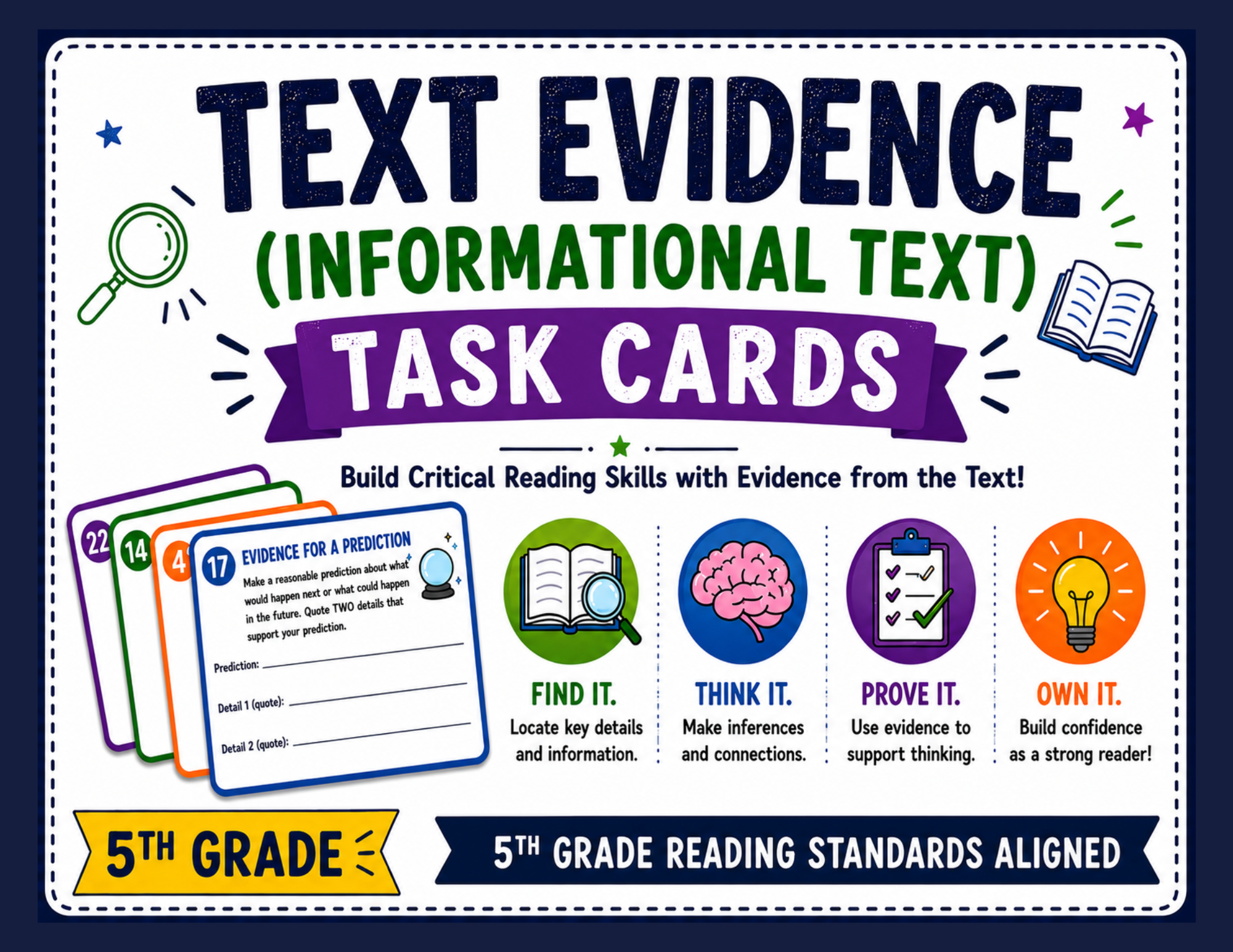 Help your students build stronger reading comprehension skills with these engaging Text Evidence Informational Text Task Cards! This resource is designed to help 5th grade students practice citing evidence, making inferences, explaining thinking, and