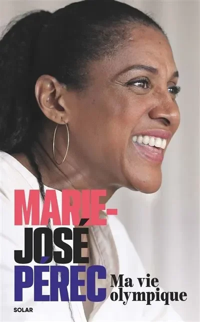 Une femme souriante portant un grand anneau en boucle, avec des textes en français à côté, dont le nom 'Marie-José Perec' et la phrase 'Ma vie olympique'.