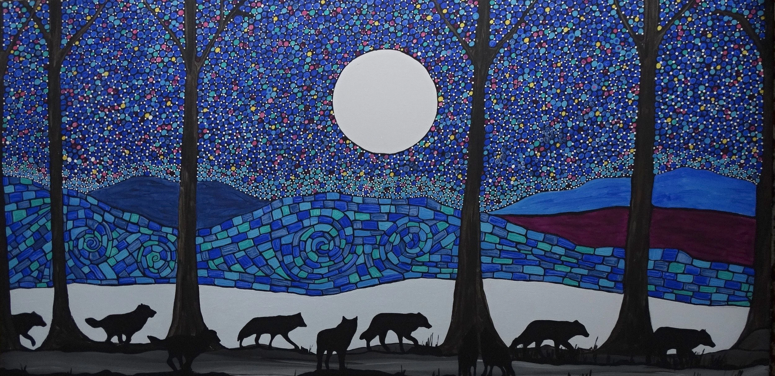 Moonlit wolves painting