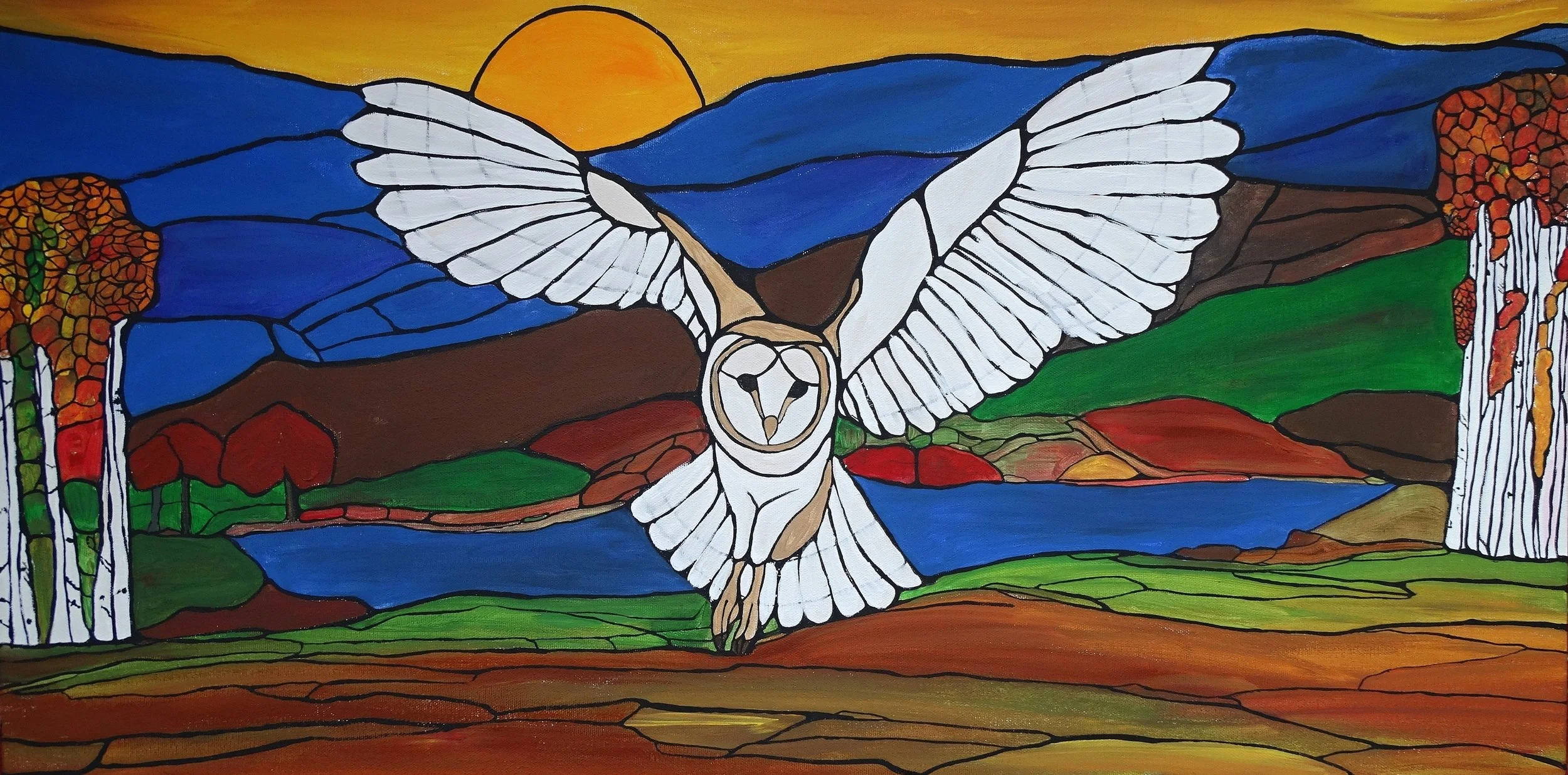 Owl in Autumn Stained Glass Painting