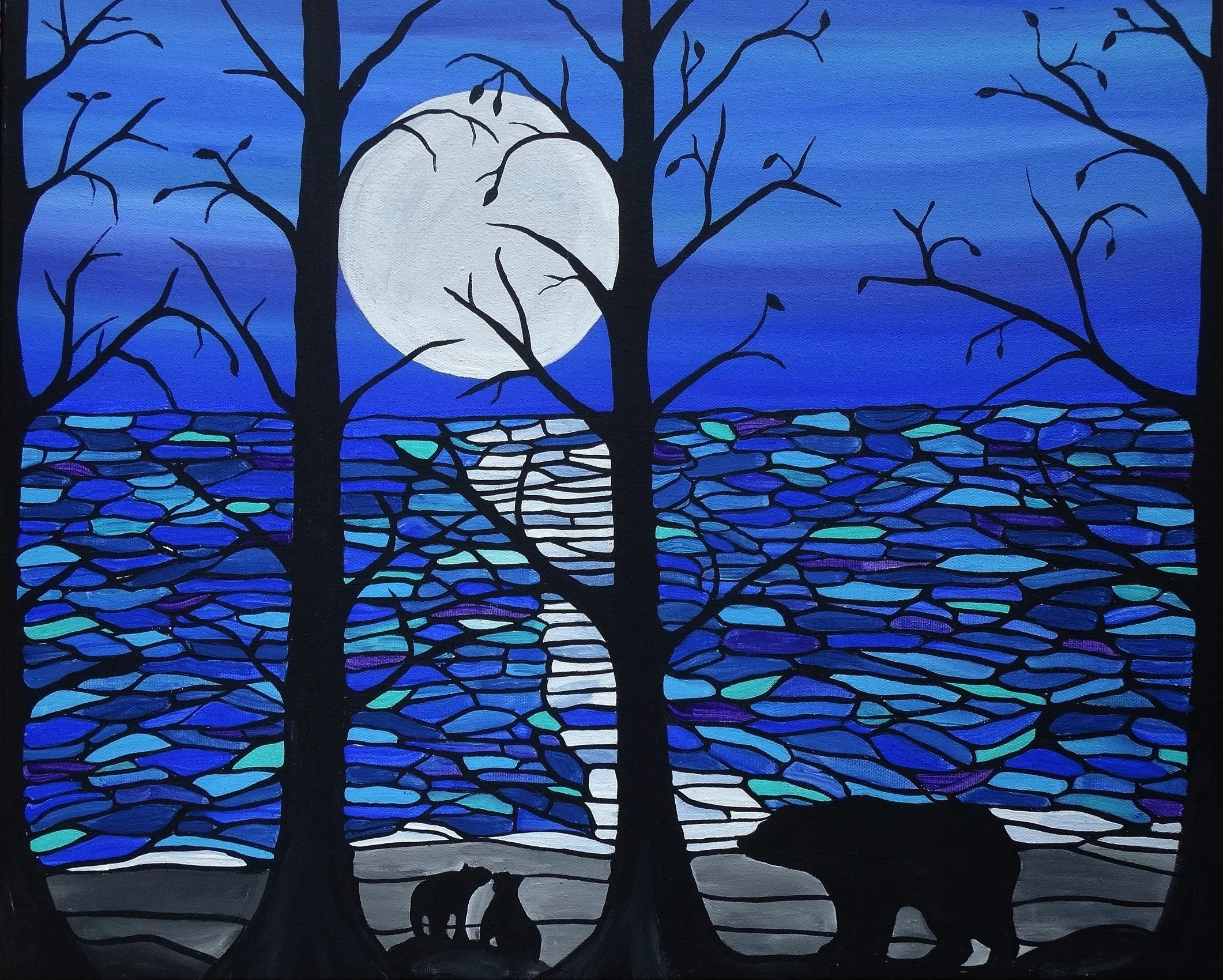 Moonlit mother bear with cubs Silhouette Art
