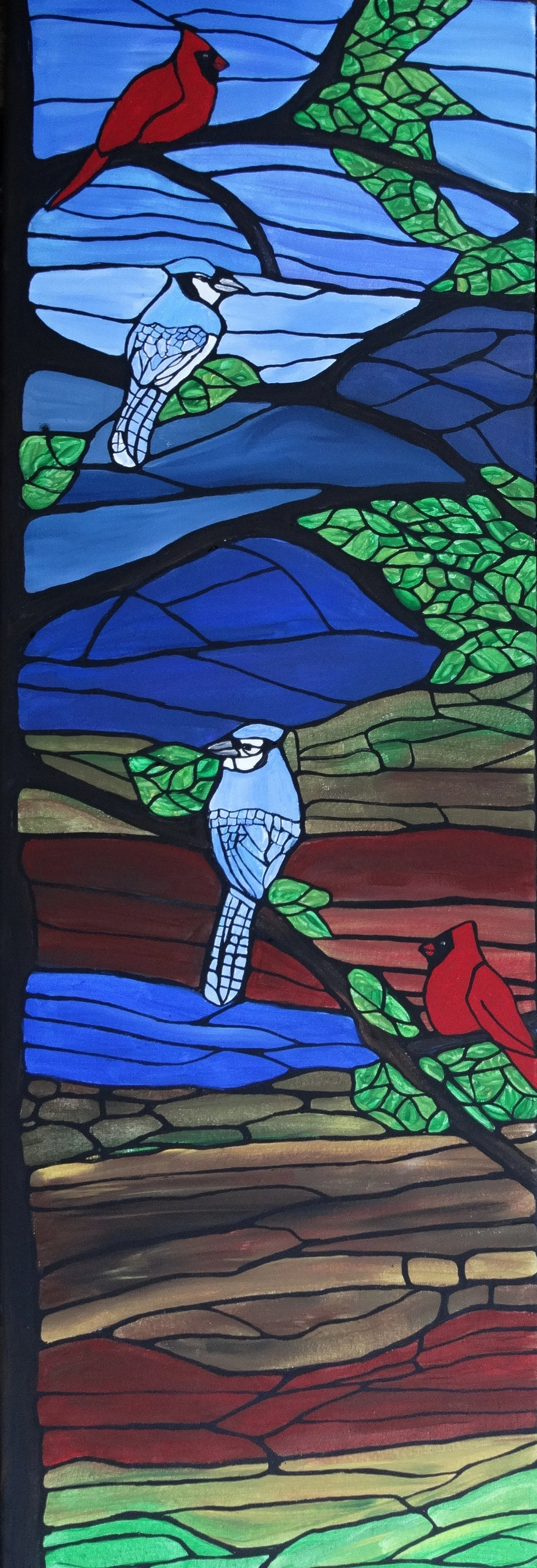 Stained Glass Style Blue Jays & Cardinals Painting