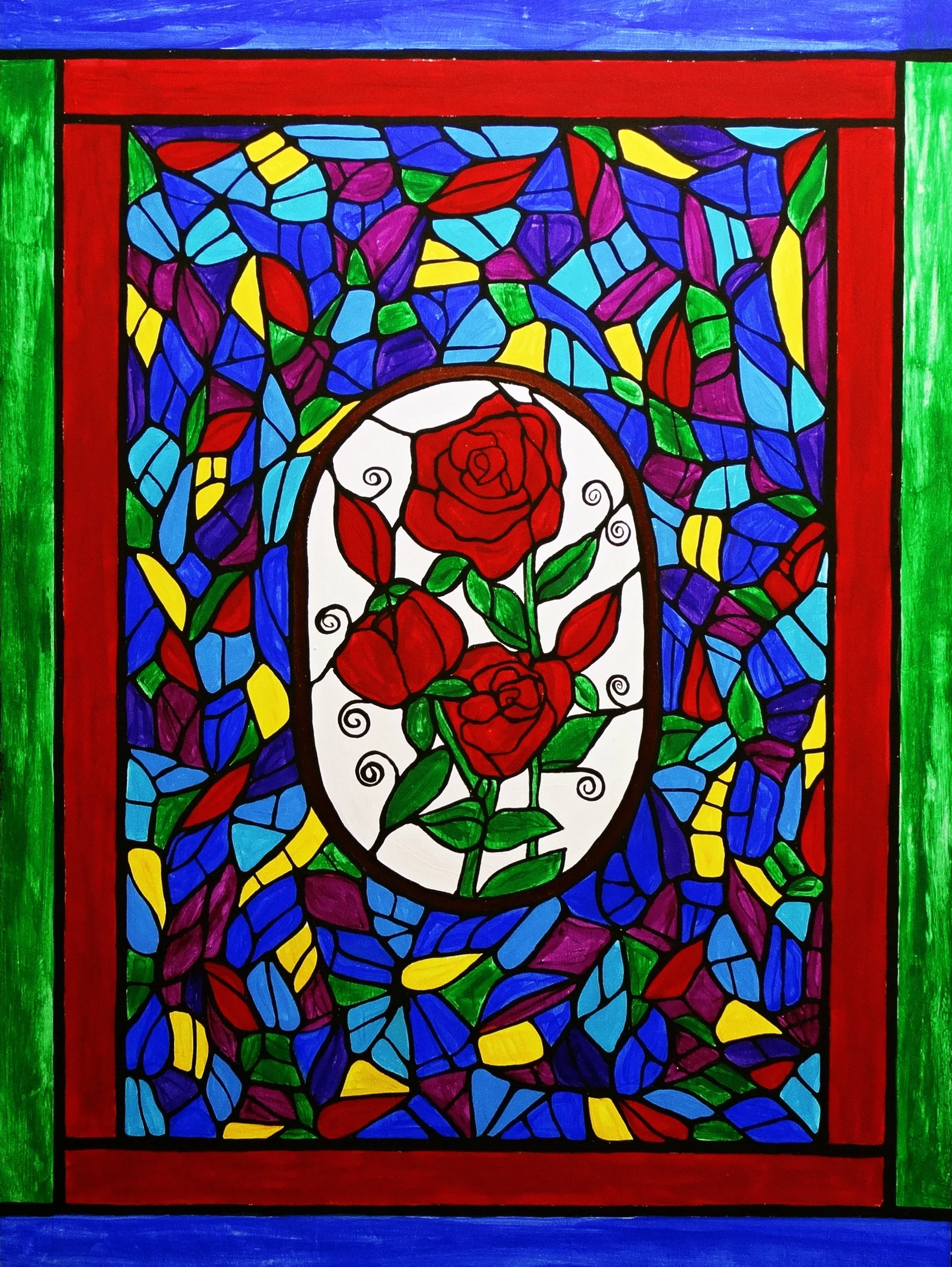 Vibrant Roses Stained Glass Painting on Wood