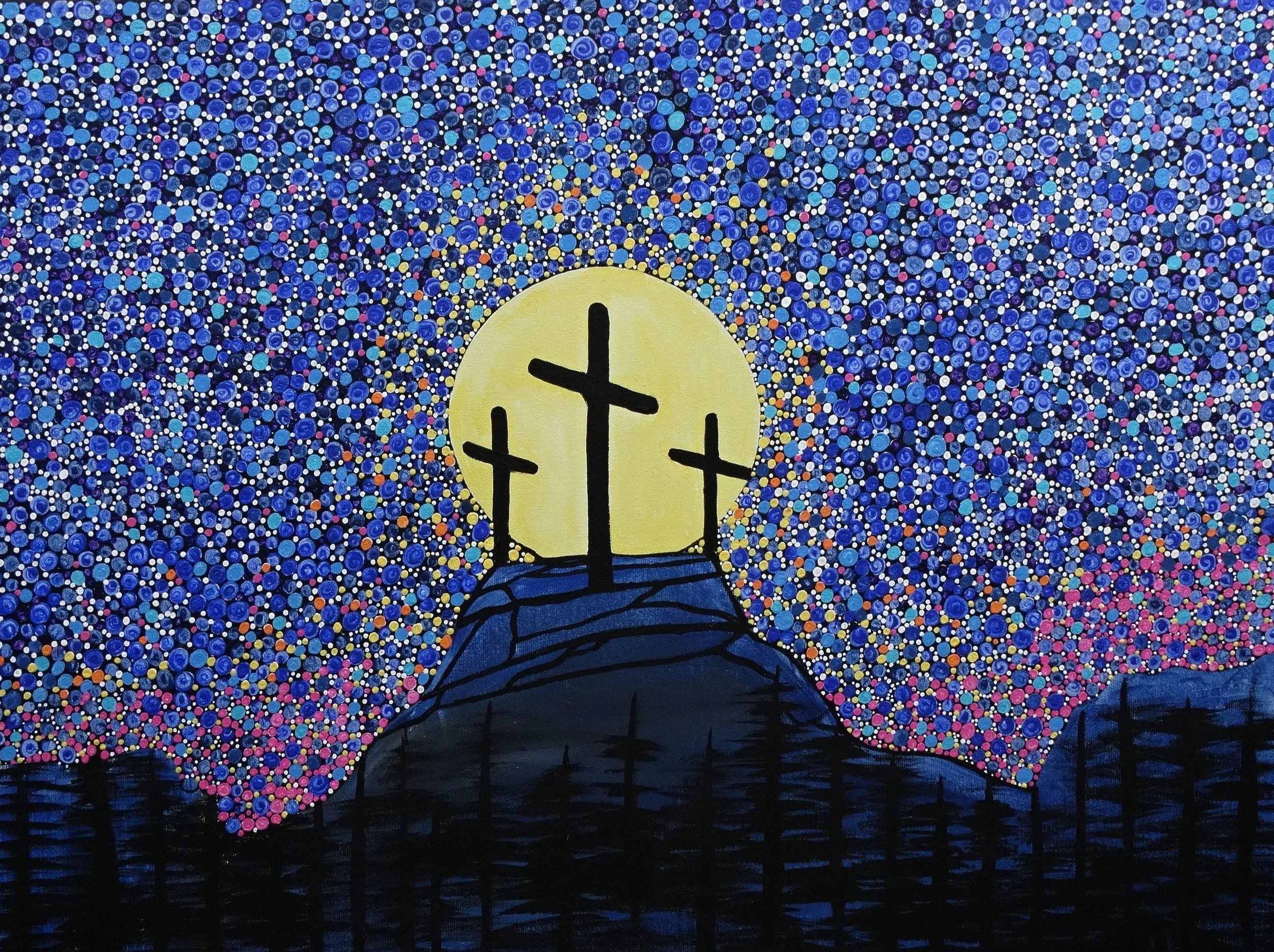 Three Crosses Under a Starlit Sky - Painting by Rachel Olynuk