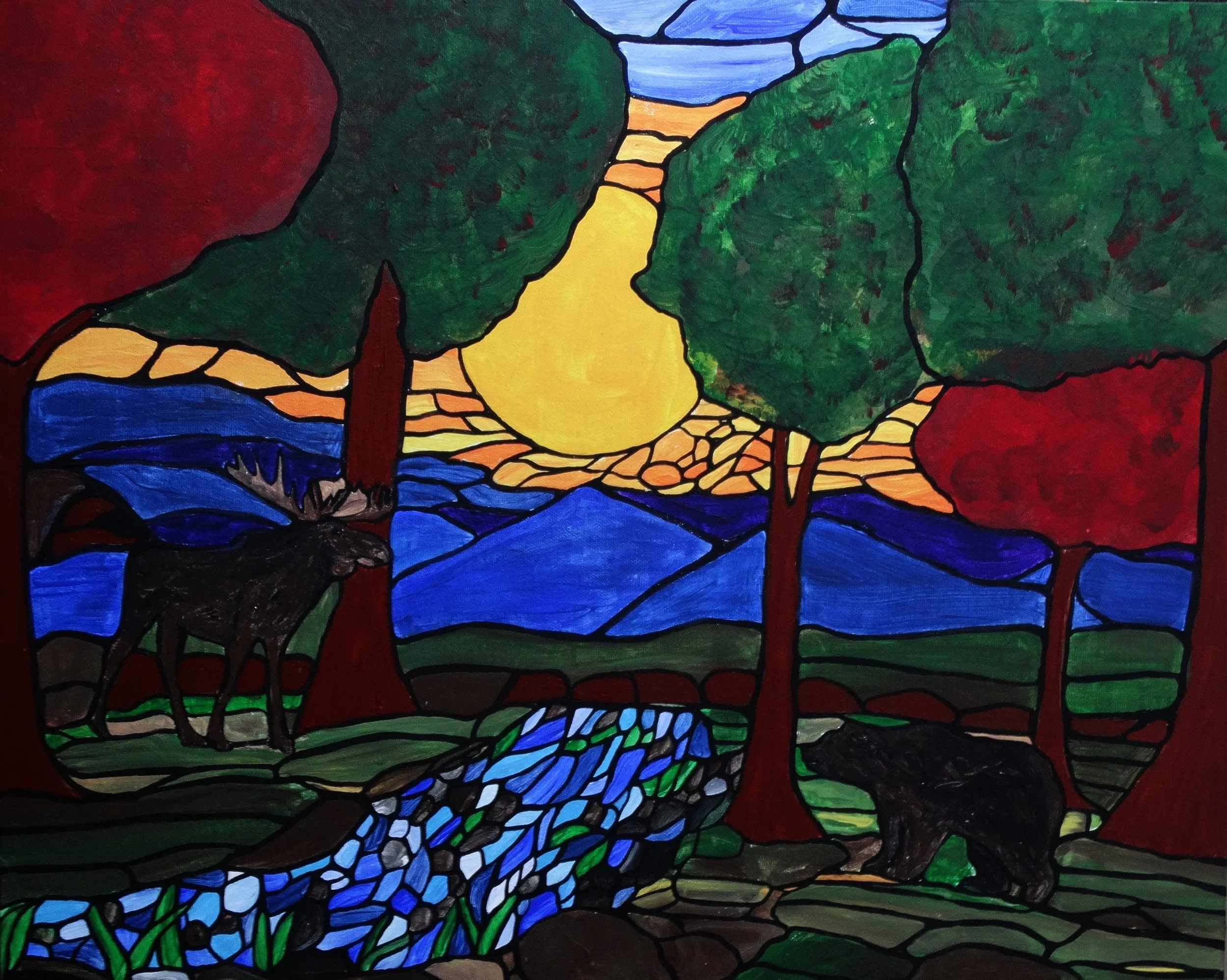Stained Glass Style Moose, Bear, Nature Scene Art