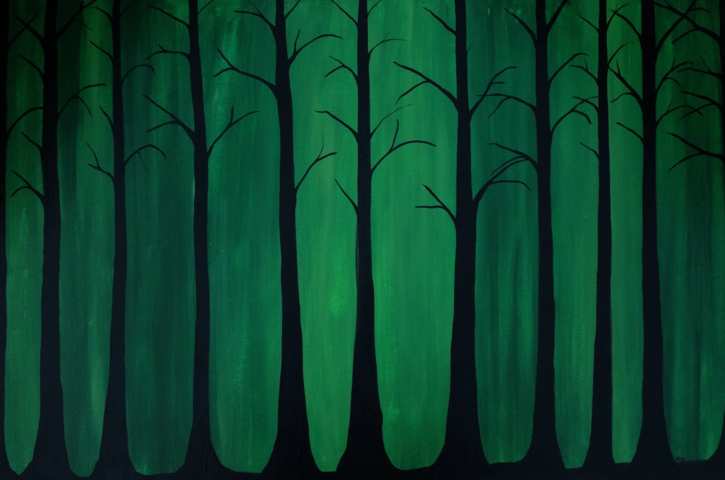 Painting of a forest scene with black tree silhouettes on a green background.