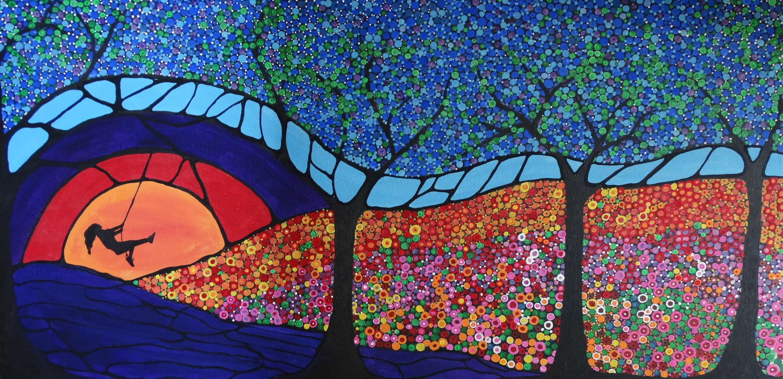 Colorful mosaic painting of a sunset over three large trees, with a person swinging on a branch, and a sky filled with blue, green, red, pink, purple, and yellow dots.