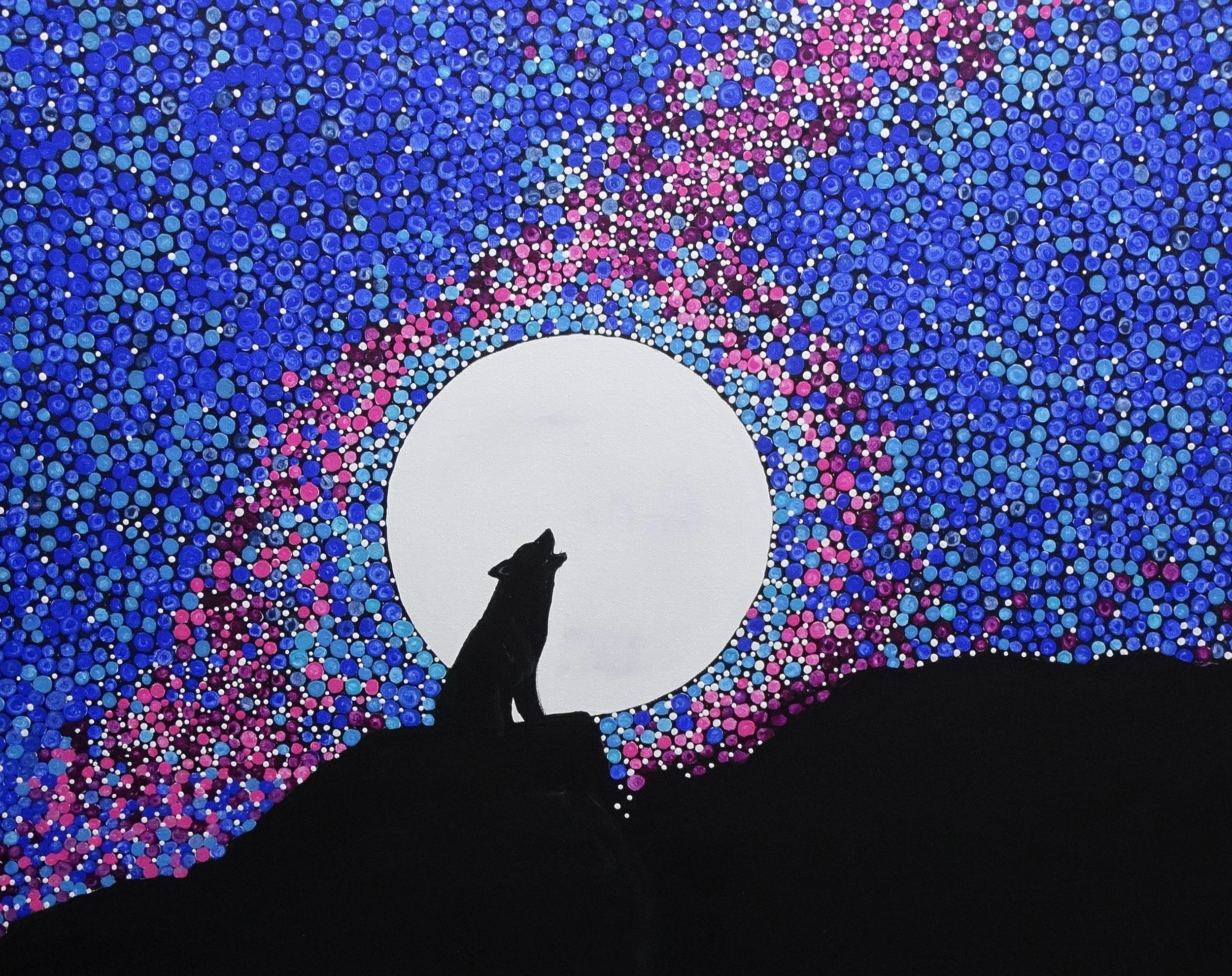 Wolf in Starry Night Dot Art Painting