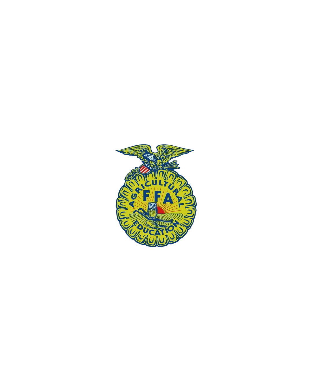 Close-up of the FFA emblem with an eagle, a shield, an owl, and a sunburst, with text reading 'Agricultural Education' and 'FFA'.