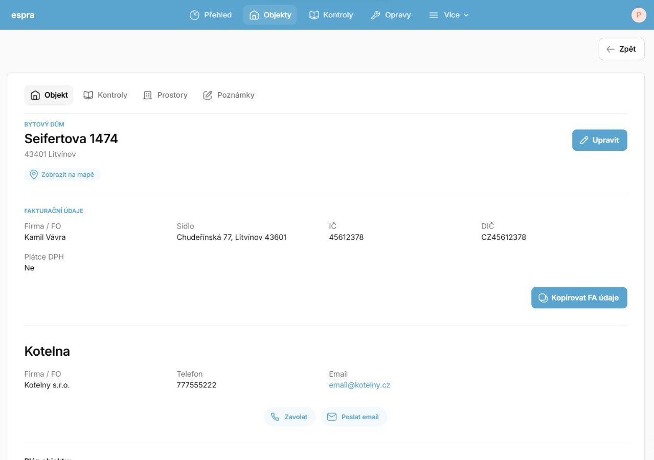 Rozhraní aplikace zobrazující informace o nemovitosti a firmě, včetně adresy, názvu společnosti, kontaktních údajů a možností úprav či kopírování dat.