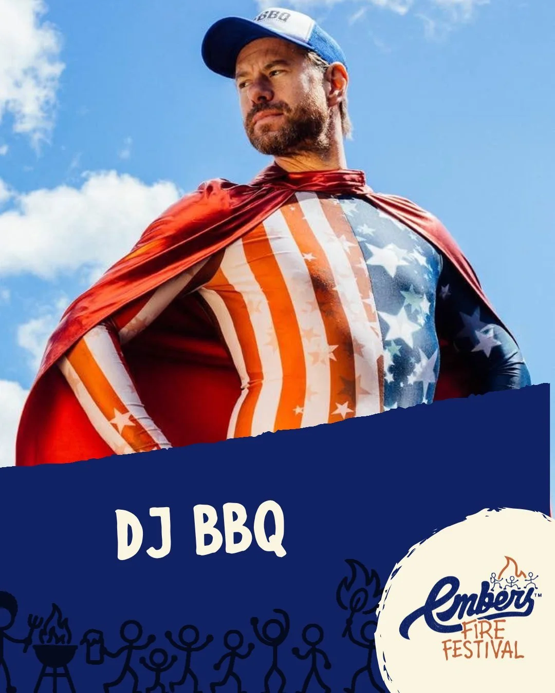 The epic @djbbq aka Christian Stevenson, is going to be bringing the energy and food to Embers Fire Festival 💥 

Cooking on BBQs whilst playing some of the best tunes! He's a pro multitasker and spade guitar player, you'll find yourself hanging roun