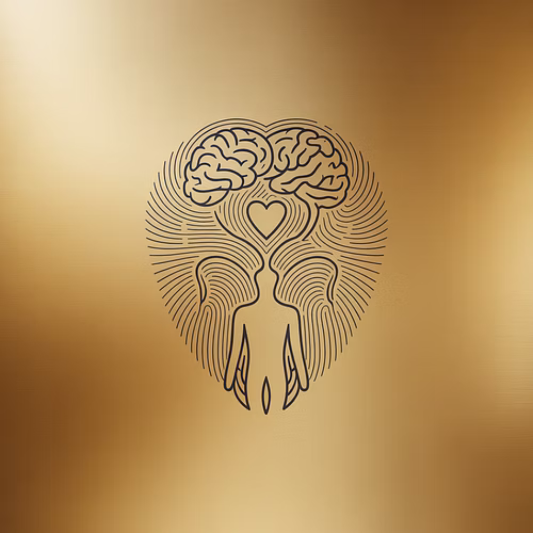 An abstract illustration of a person with a brain on top, a heart in the center, and lines forming a symmetrical pattern, all on a golden background.