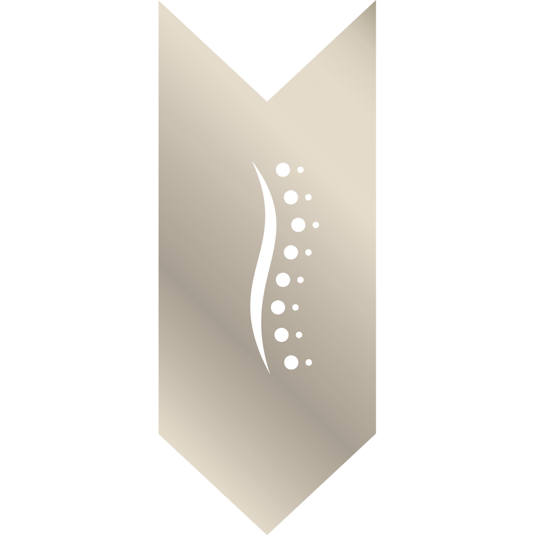 A metallic box with a decorative white design of a curved line and dots on its surface.