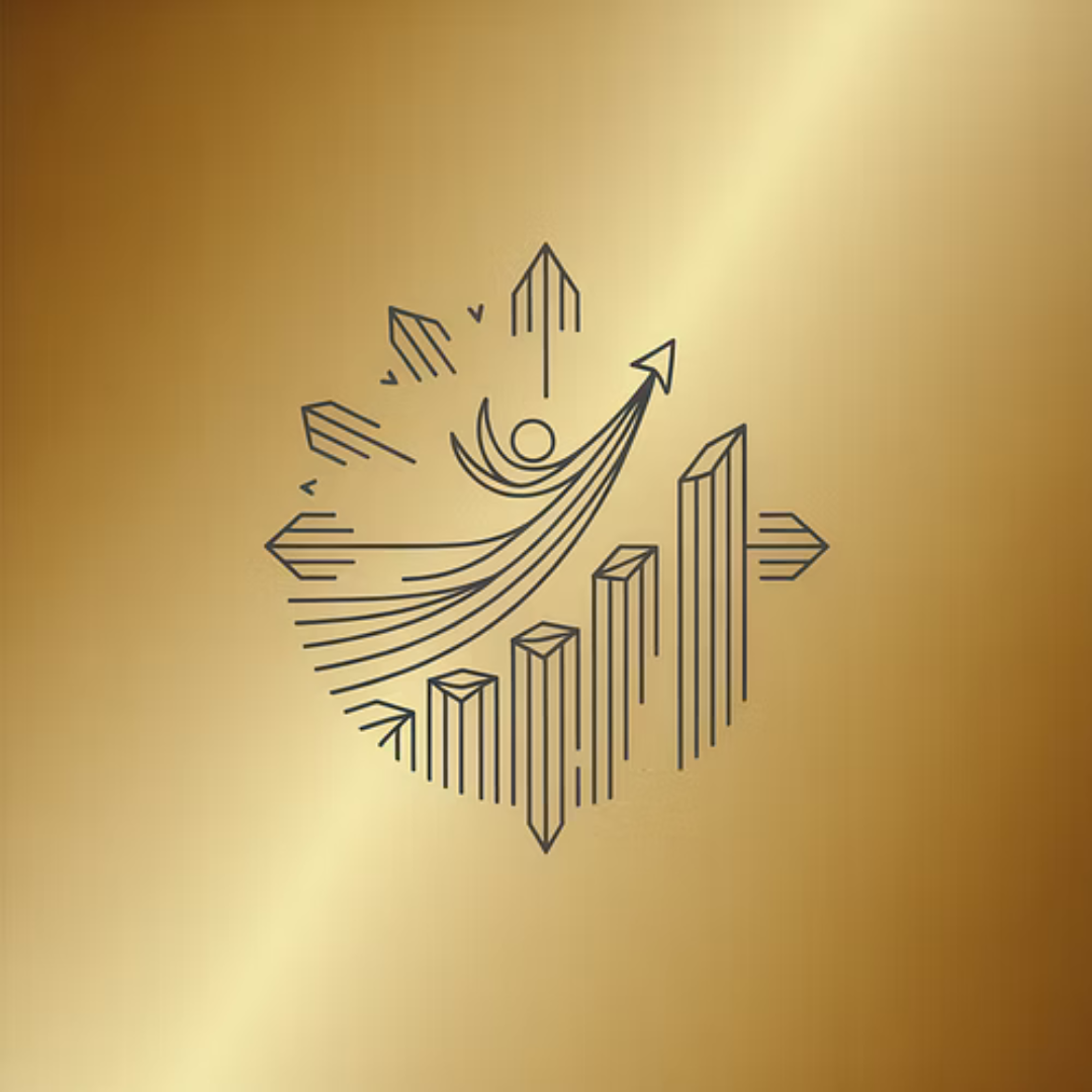 A line art graphic of a person with arms raised, surrounded by upward-pointing arrows, and bar graphs with increasing height on a gold-colored background.