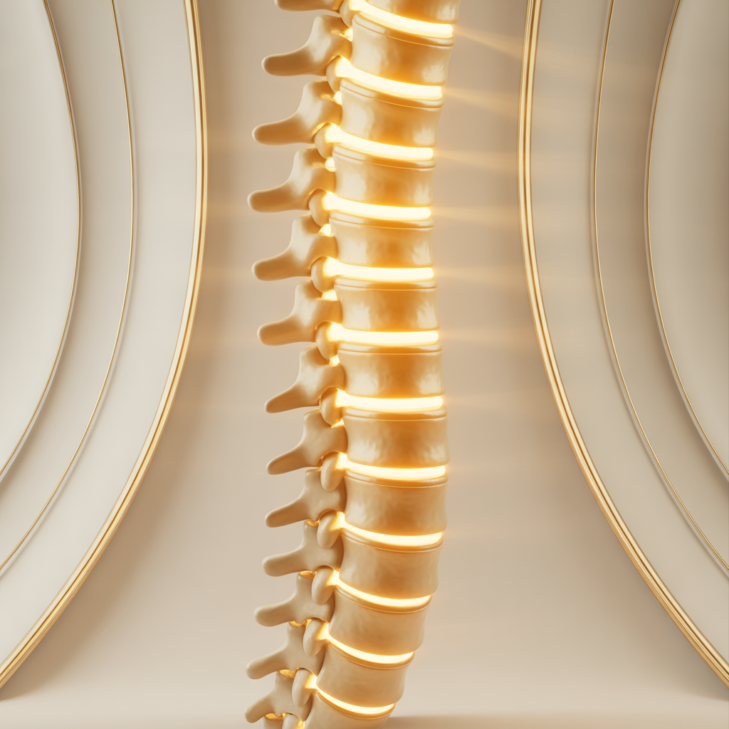 A detailed cross-section of a human spine showing vertebrae and intervertebral discs illuminated with a warm light.
