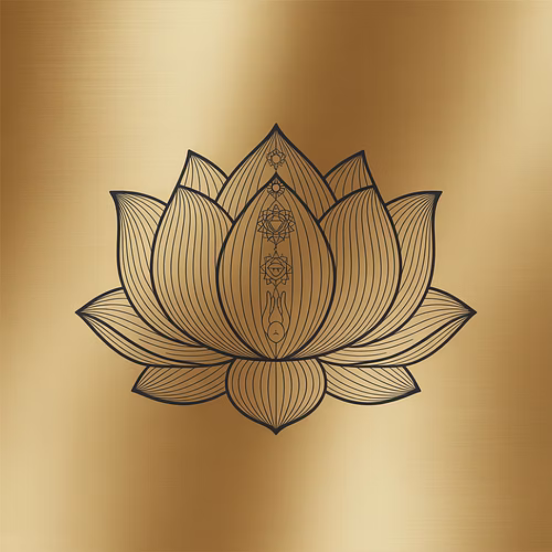 Black line drawing of a lotus flower on a gold background.