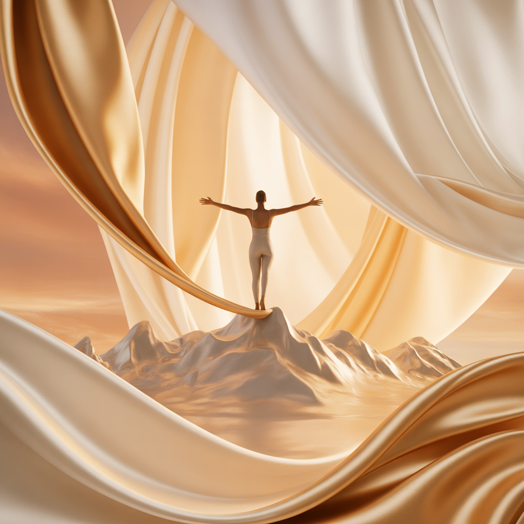 A dancer in a white costume standing on a mountain with arms outstretched, surrounded by flowing, silky fabric in shades of cream and gold, with a warm, glowing sky in the background.