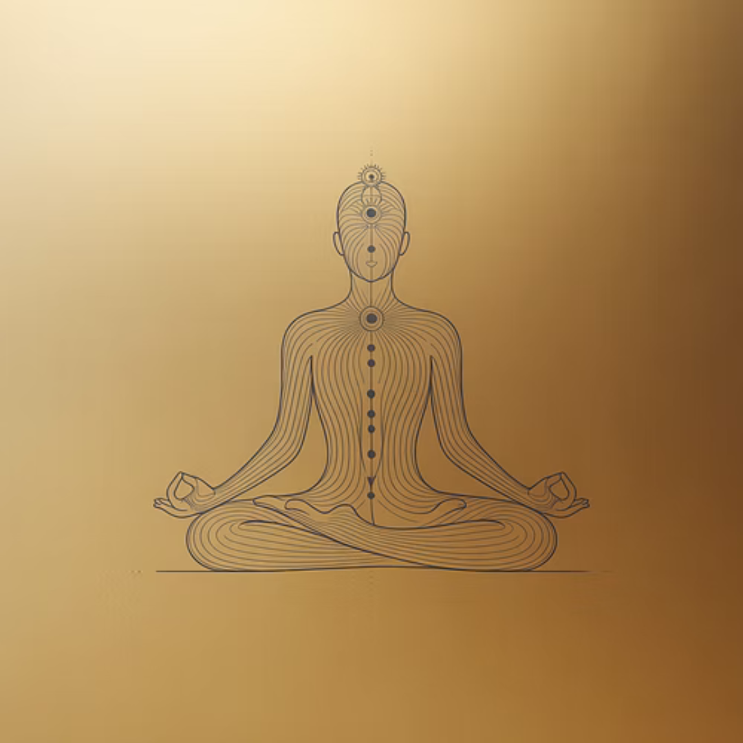 A line art illustration of a person in a seated meditation pose, with lines indicating energy channels and seven points along the body, representing chakras.