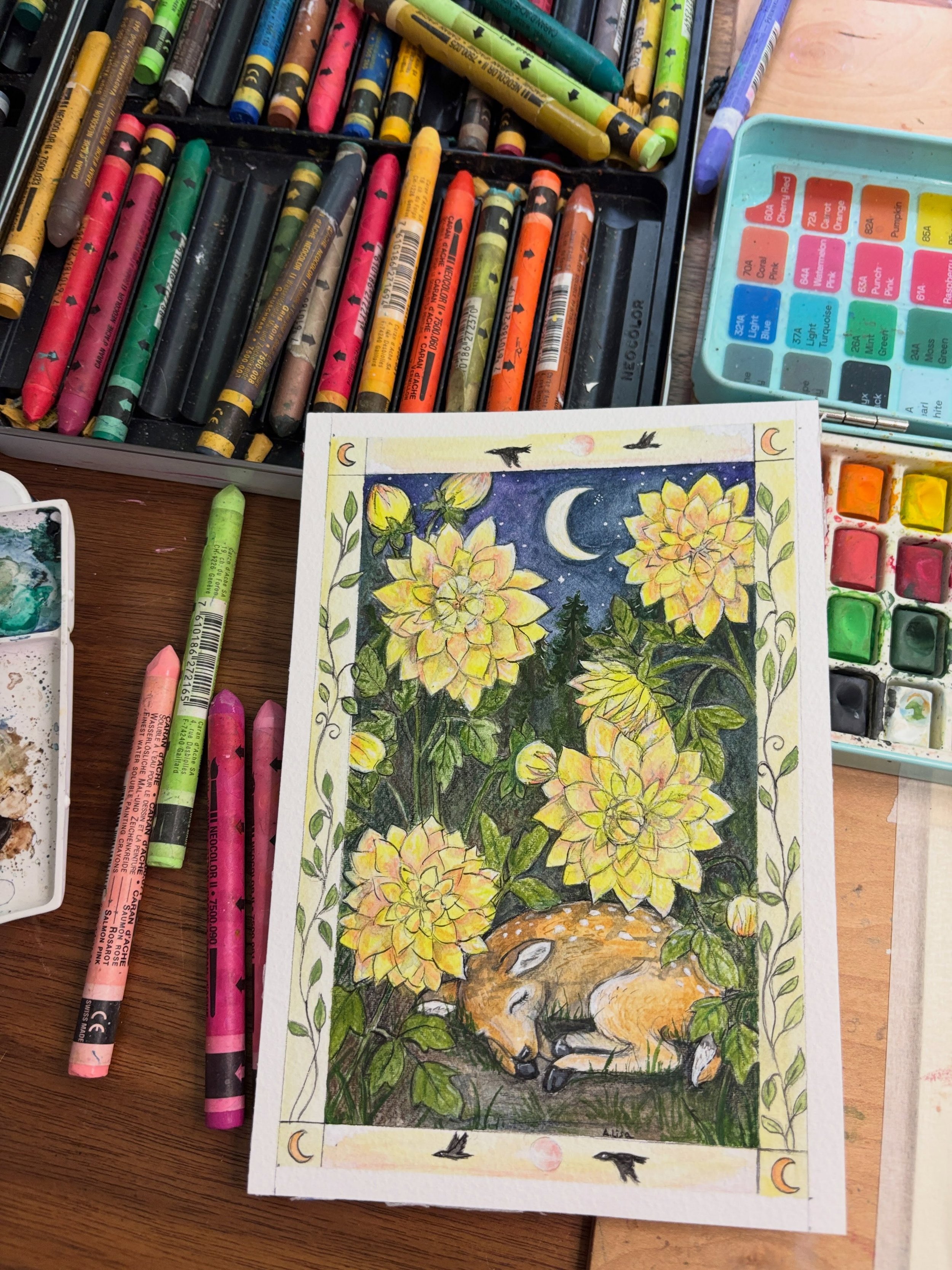 #botanicalbeasties2026

Hi! Annabell here, I stumbled across this art challenge and knew I wanted to participate.  If you know me you know I love dahlias! 
Art done with watercolor, neocolor II crayons and some gouache.
Swipe through to see the real 
