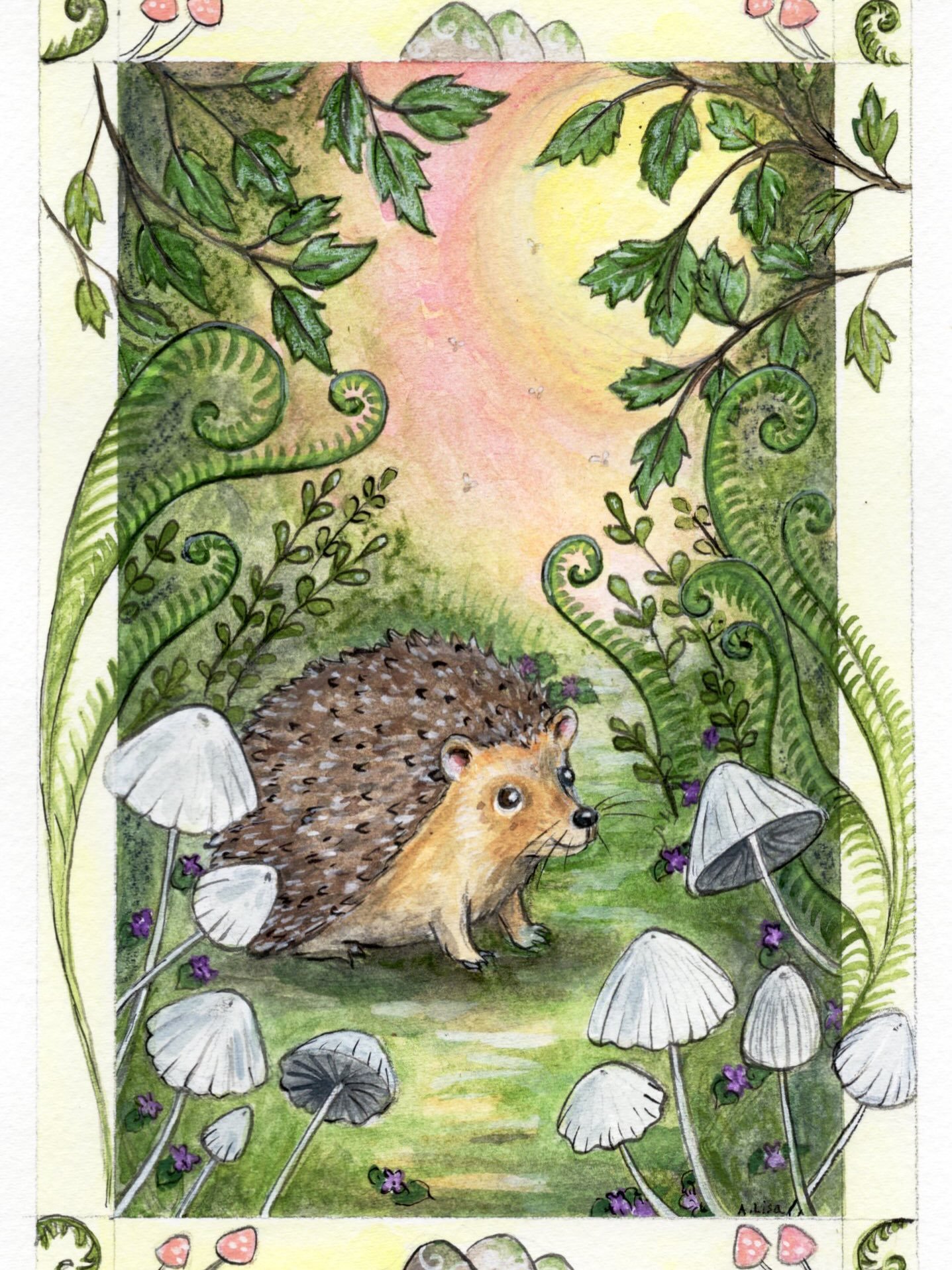 Final botanical beast
 #hedgehogandmushroom 
watercolor and gouache. 
The mushrooms I used for inspiration are called ink cap parasols, they pop up all over the yard in the mornings and then wither as the day goes on.

 #botanicalbeasties2026 #kidlit
