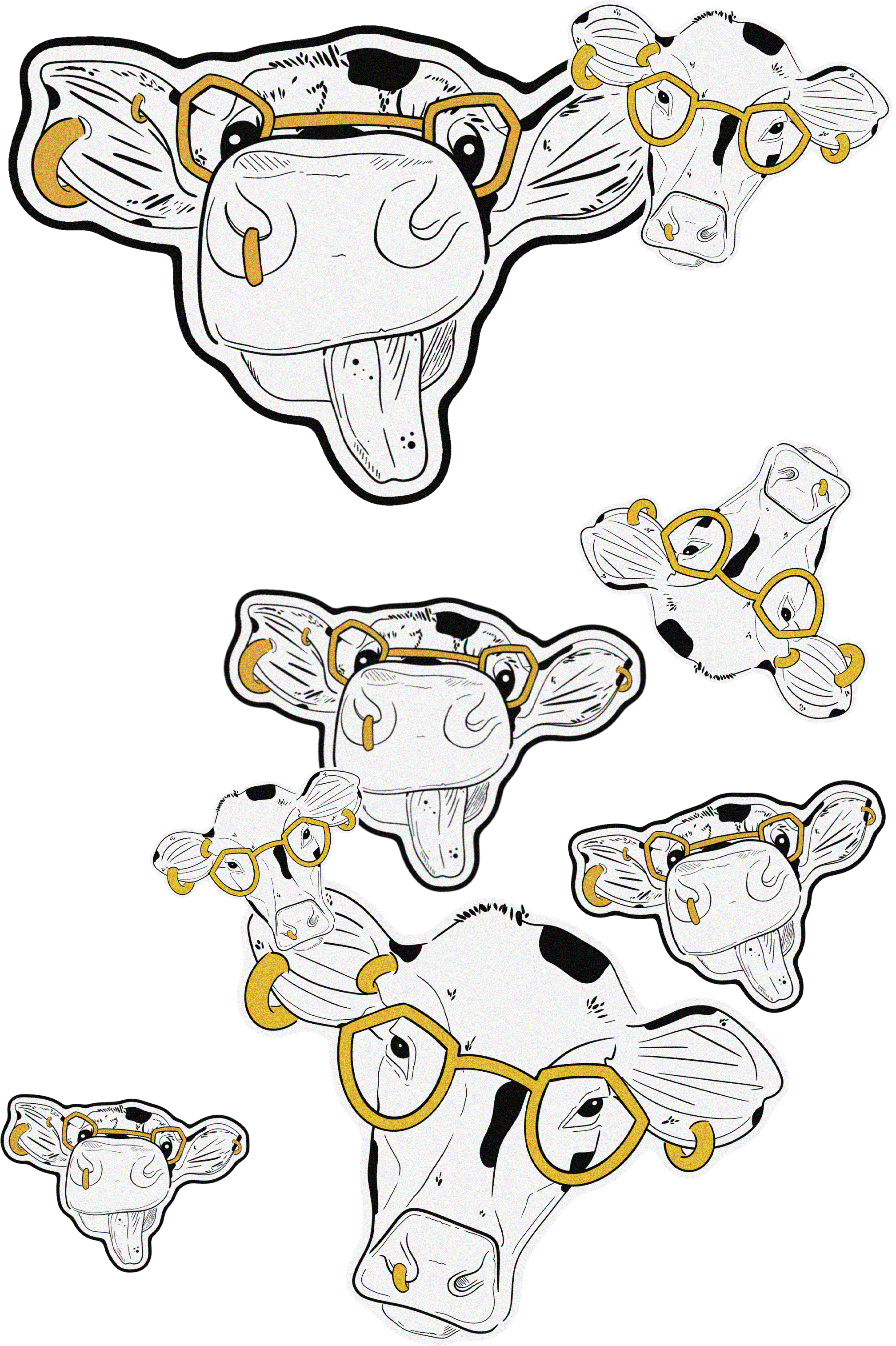 Multiple cartoon cows wearing glasses against a black background.