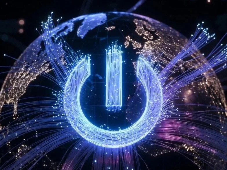 Digital rendering of a glowing power button symbol surrounded by interconnected glowing light trails and a view of Earth in the background.