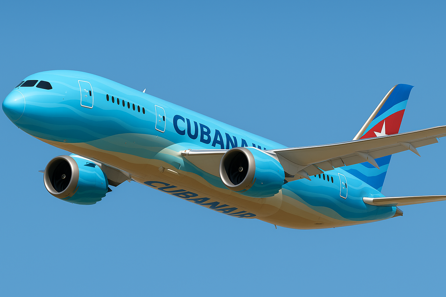 An airplane painted in blue with the word 'CUBANA' on its side, flying in clear blue sky.