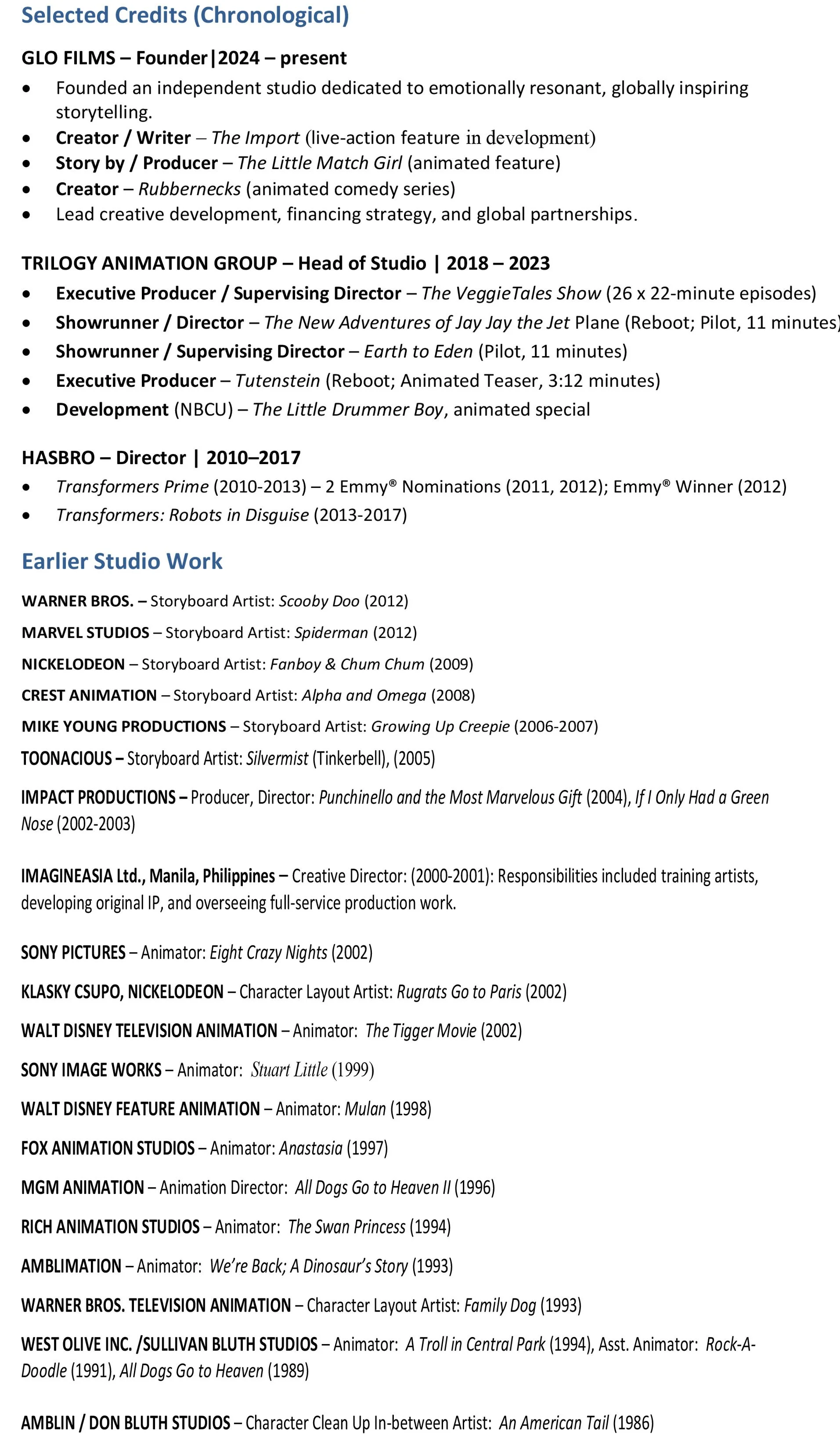 A filmography page listing credits for GLO FILMS, Trilogy Animation Group, Hasbro, earlier studio work, and other studios, with details of specific projects, roles, and years.