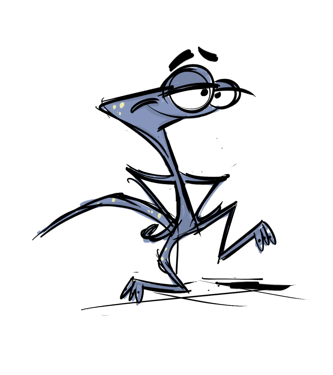 A cartoon drawing of a blue insect, possibly a praying mantis, with large round glasses and a mischievous expression, sitting with one leg crossed and the other extended, on a white background.