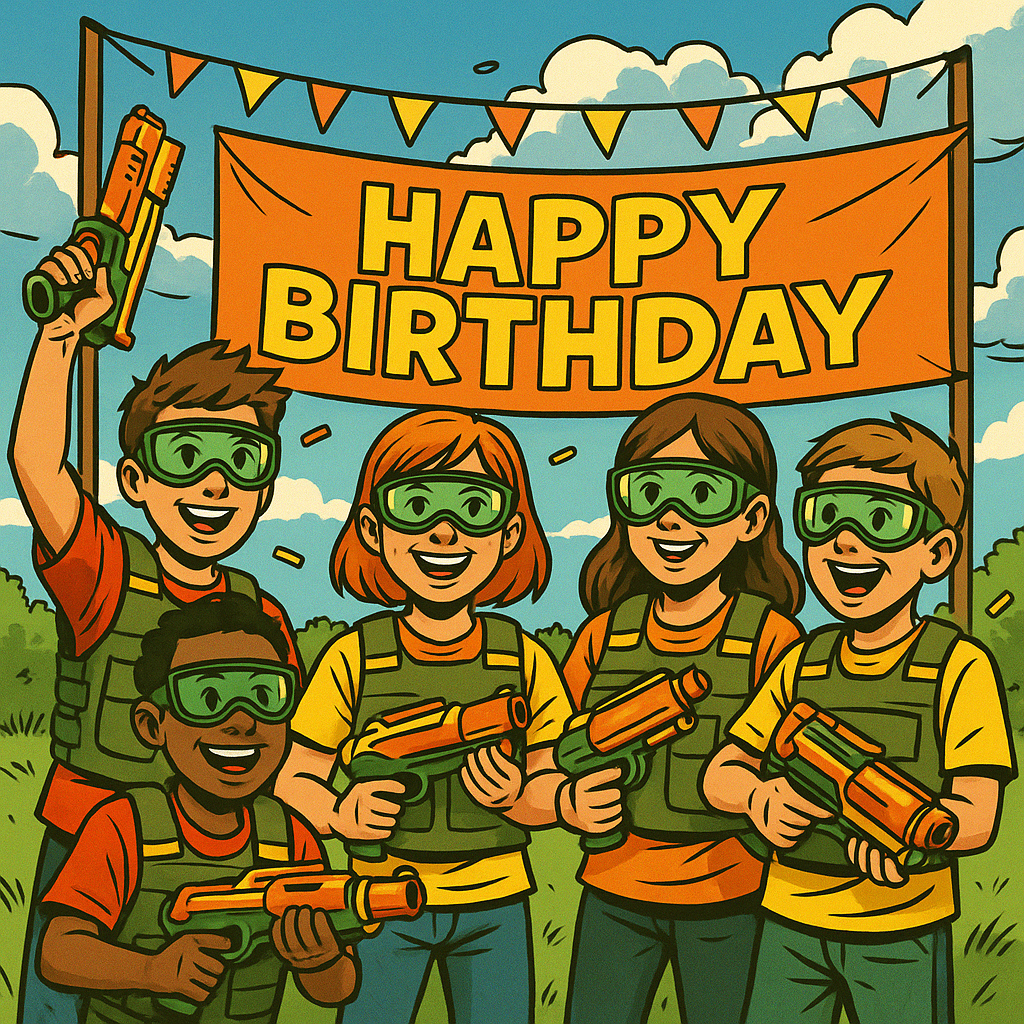 Group of five children wearing green laser tag masks and vests, holding laser guns, in front of a bright orange "Happy Birthday" banner outside on a sunny day with clouds.