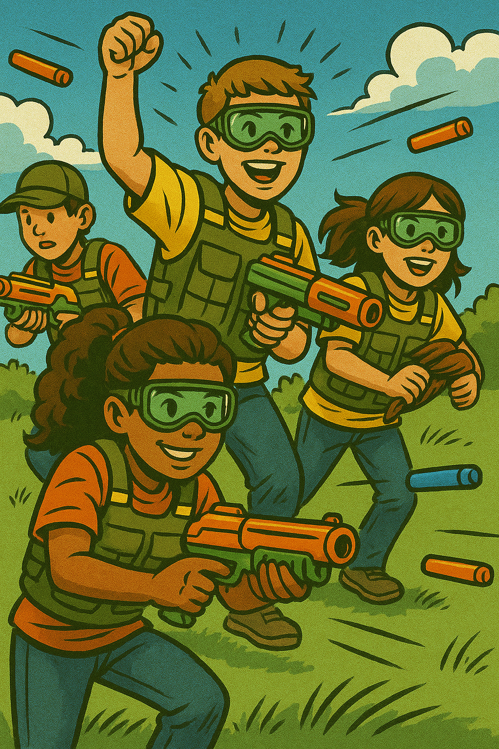 Group of children playing with toy guns outdoors, wearing protective goggles, smiling, and running through a grassy field with a blue sky and clouds in the background.