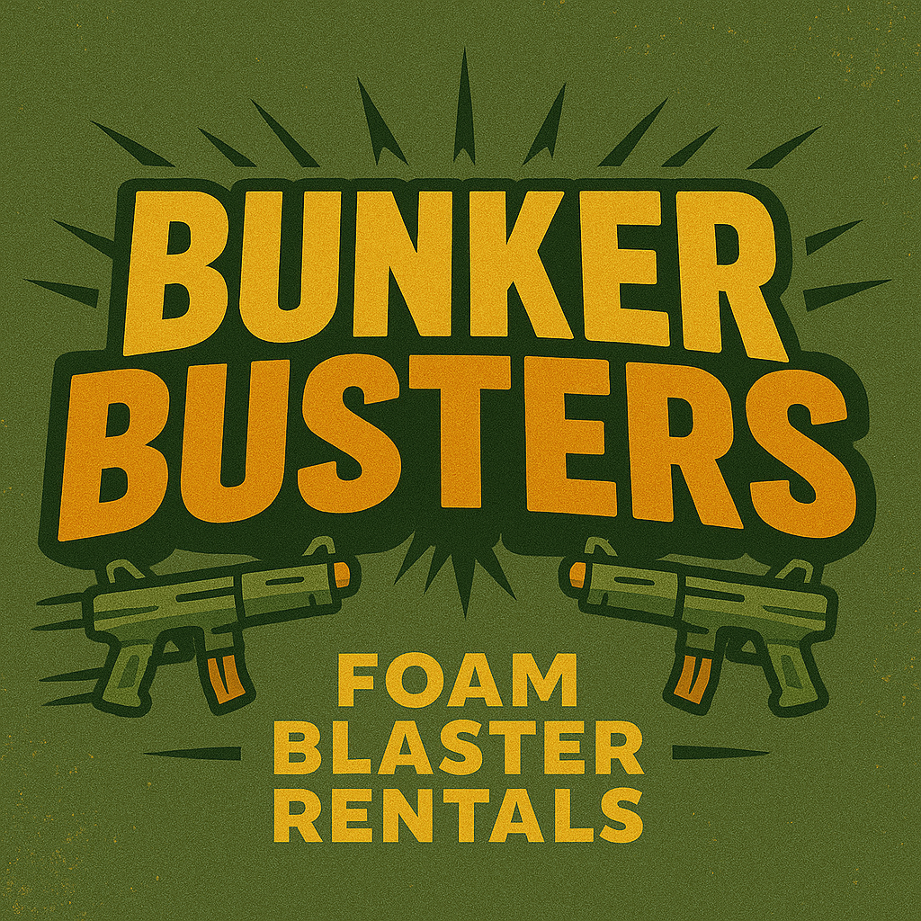 Logo for Bunker Busters Foam Blaster Rentals with two toy guns and bold yellow and green text.