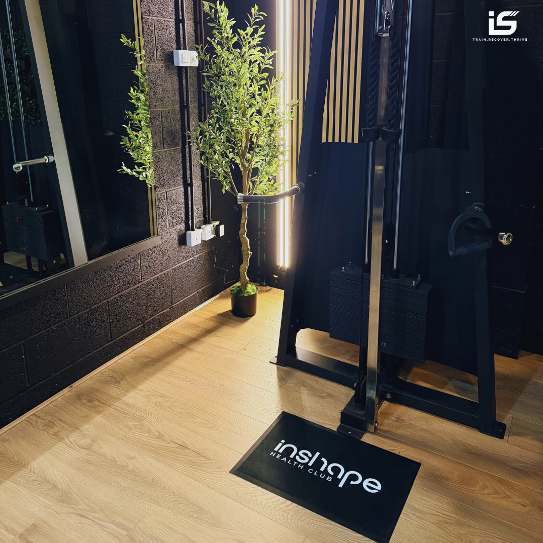 Indoor gym corner with a potted plant, black wall, mirror, and workout equipment including a weight machine, textured flooring, and a mat with 'inslope HEALTH CLUB' printed on it.