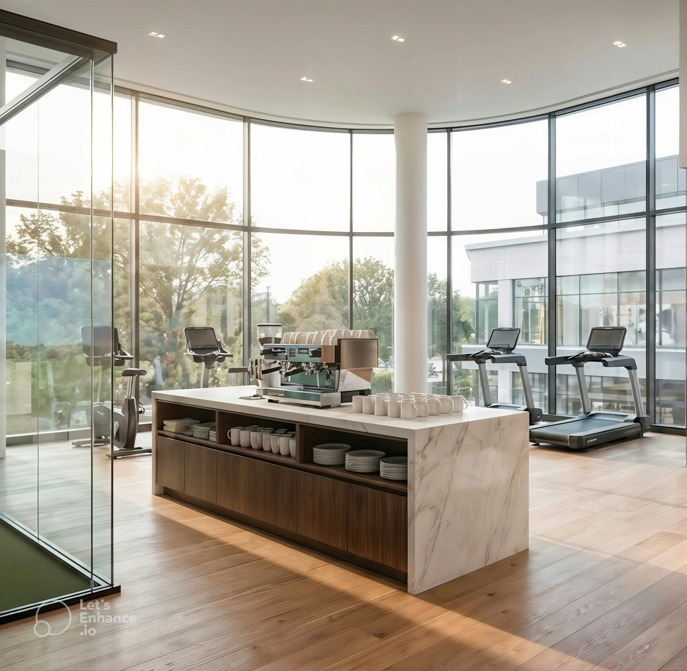 Modern interior space with large curved glass windows, wooden flooring, and a central island with dishes and kitchenware, creating a bright, airy environment.