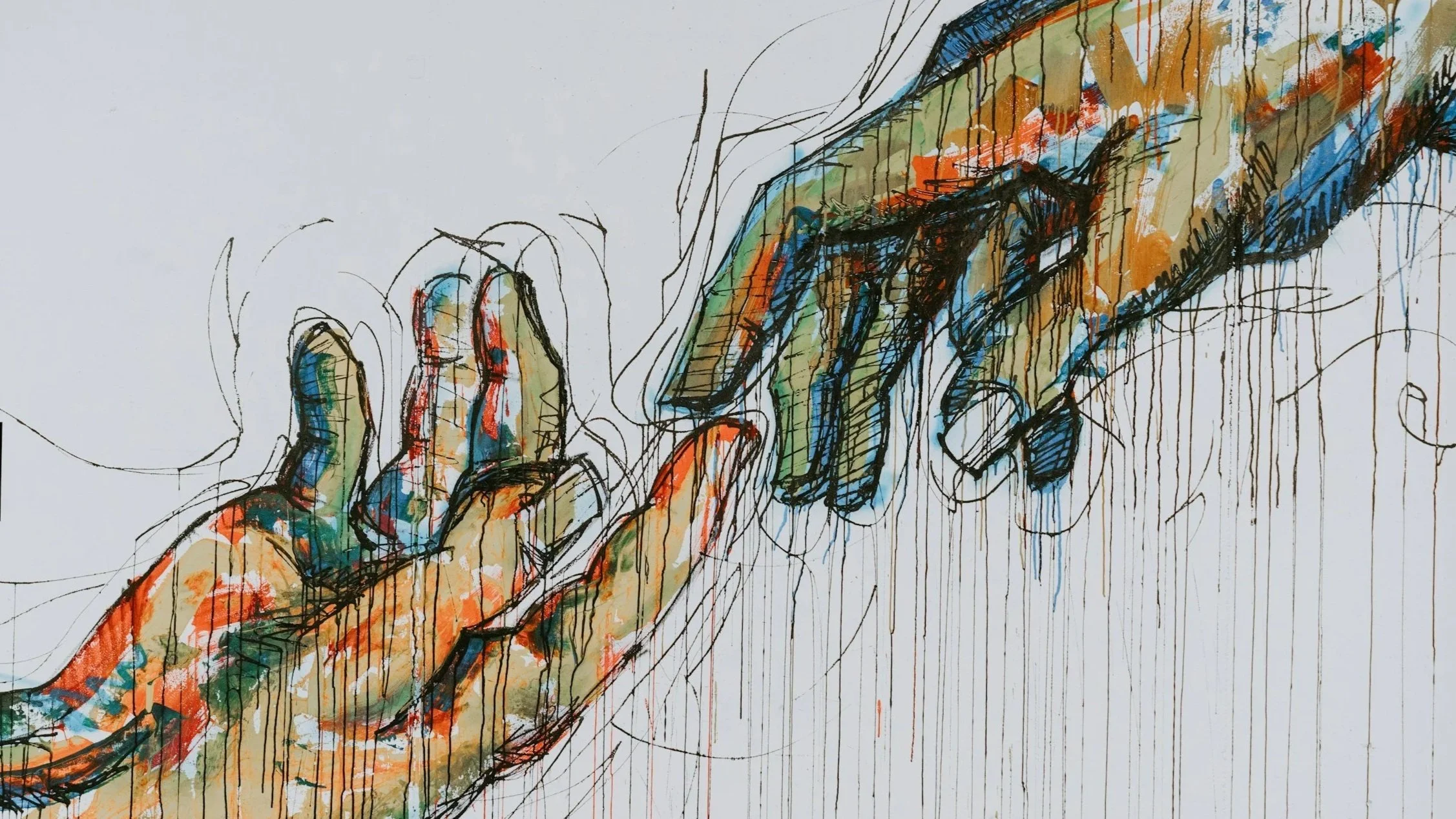 Abstract watercolor painting of two hands reaching towards each other with a glowing orb between their fingers, reminiscent of Michelangelo's 'Creation of Adam'.