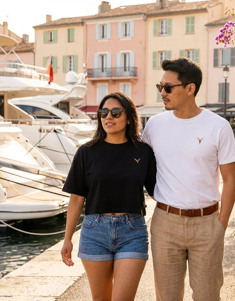 White woman wearing Yxelon's stYle Collections Navy Polo-shirt