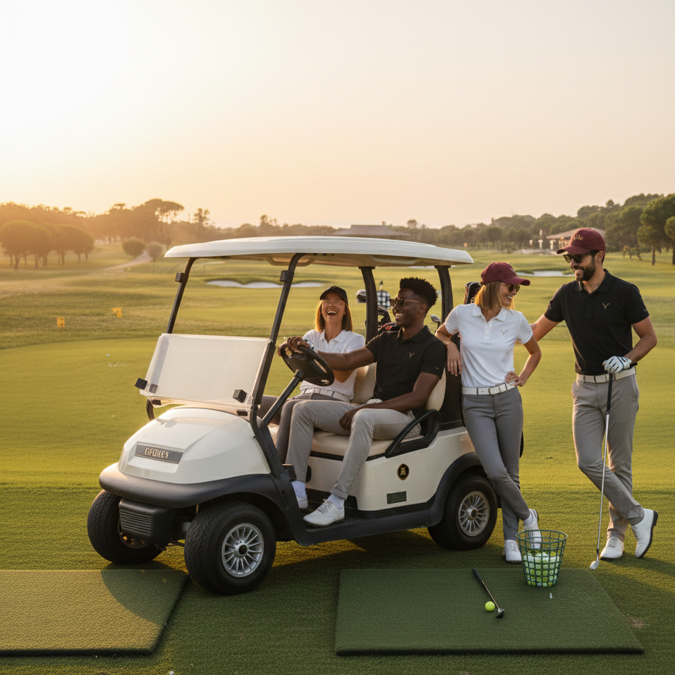 Four friends wearing stYle Collections, enjoying golf on a sunny day, with two sitting in a golf cart and two standing beside it on a golf course.