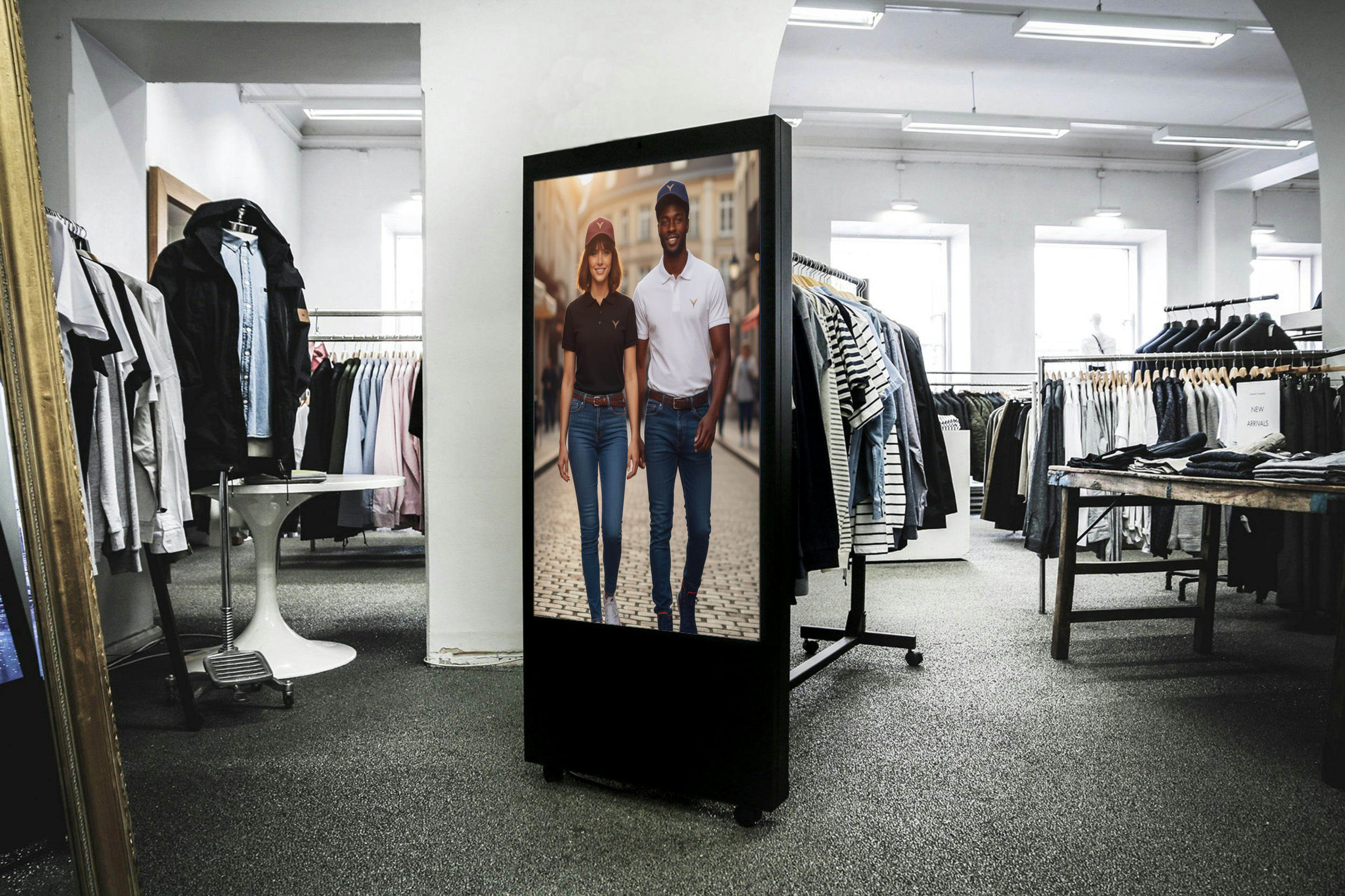 Clothing store with racks of apparel, a digital mirror displaying a smiling couple in casual outfits from stYle Collections, and a table with folded clothes, bright natural light from large windows.