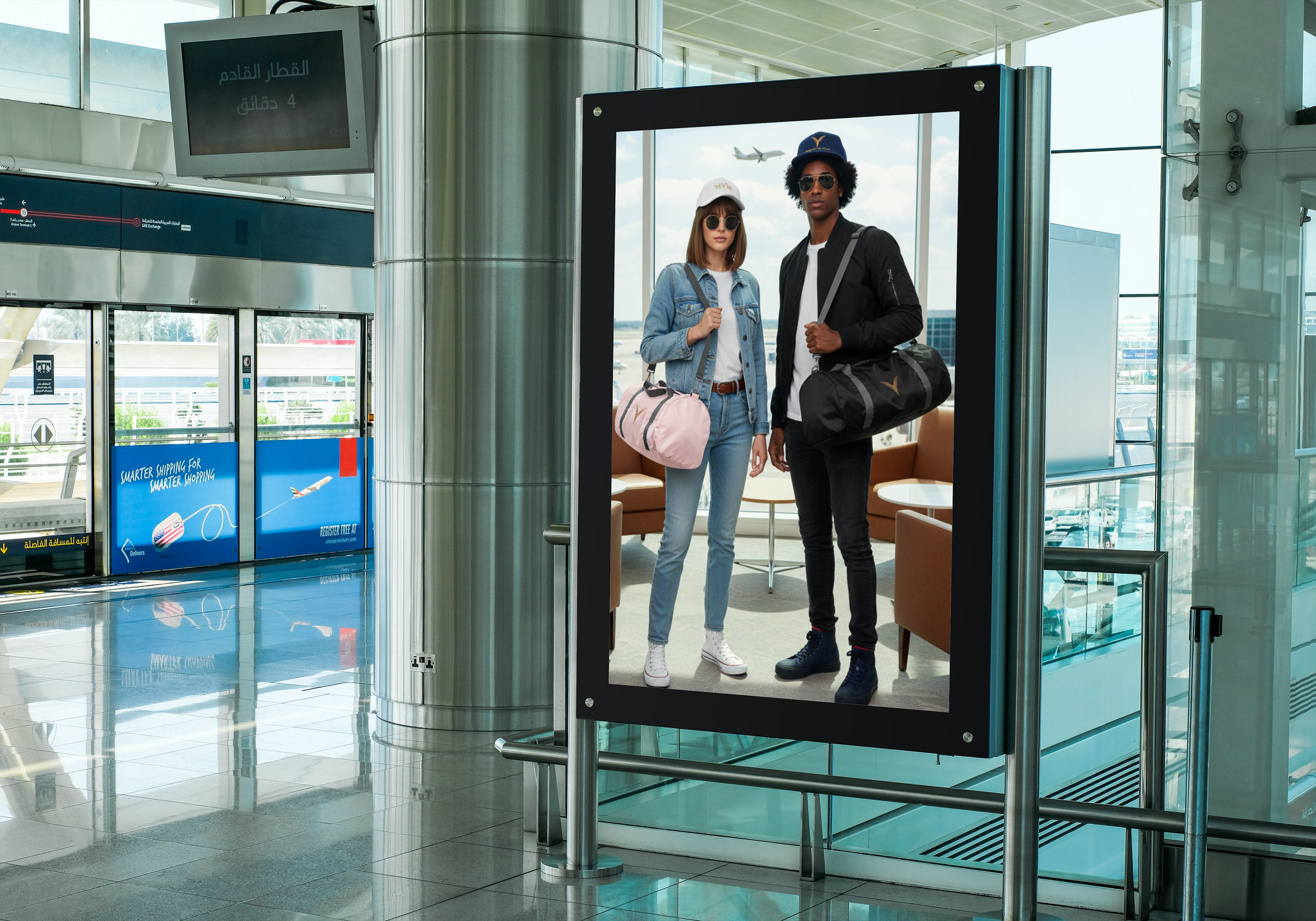 Deux touristes posant pour une photo dans un aéroport, avec un avion en vol en arrière-plan à travers une fenêtre.