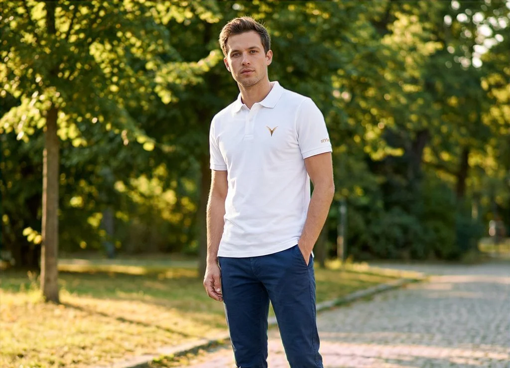 White man wearing Yxelon's stYle Collections white polo-shirt in a park