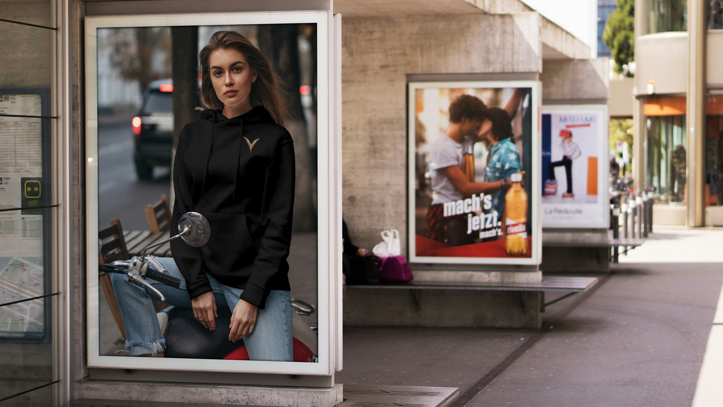 Street ad of a woman seatting on a scooter wearing black "HoodieSquad" from stYle Collection by YXELON. 