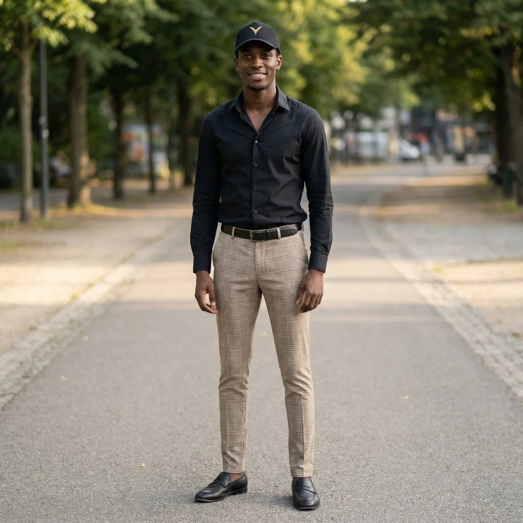 Black man in black long sleeve shirt and beige pant wearing YXELON PistonCup Cap in a public park