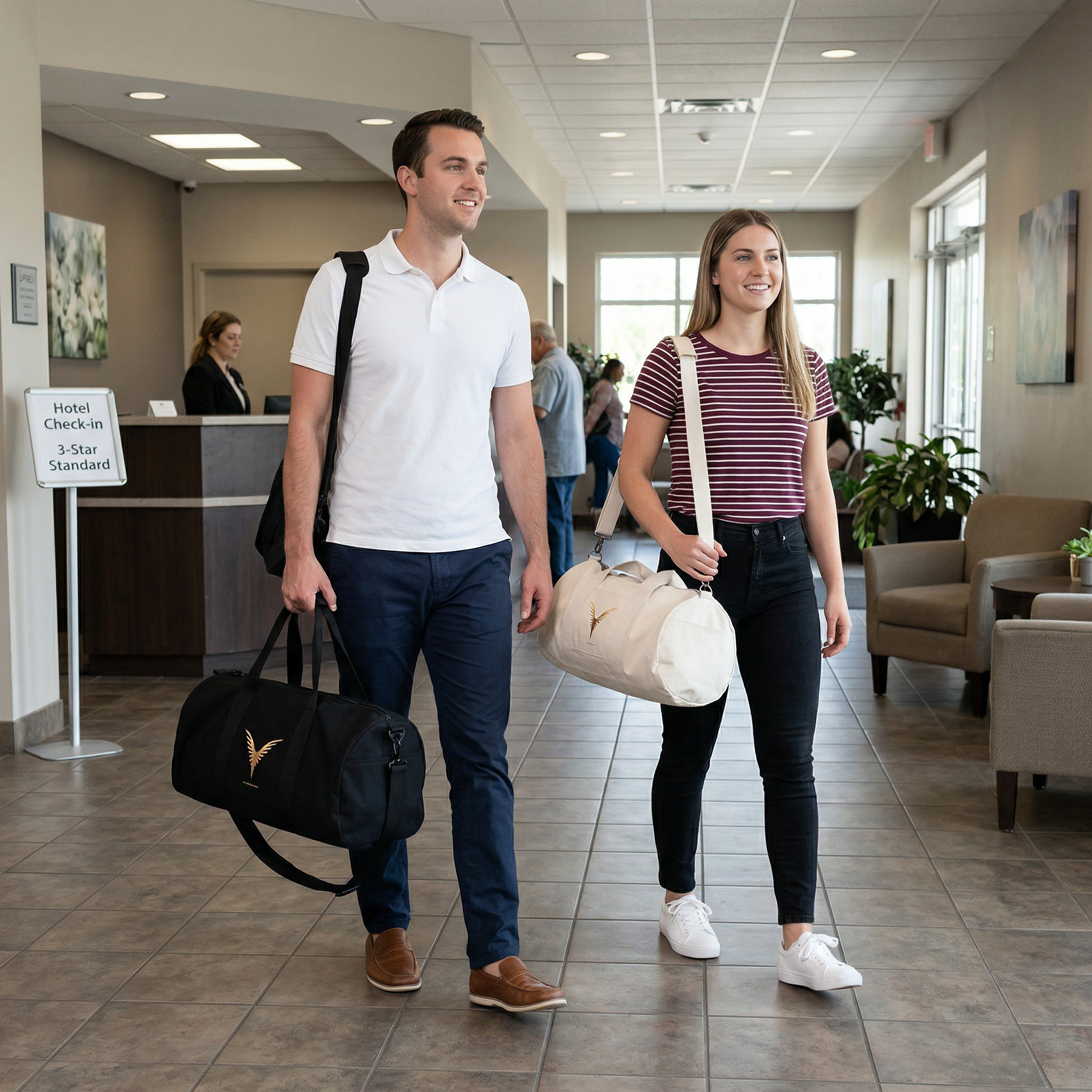 Chic couple at the lobby with their Yxelon's stYle Collections accessories DB-6 and TownRider