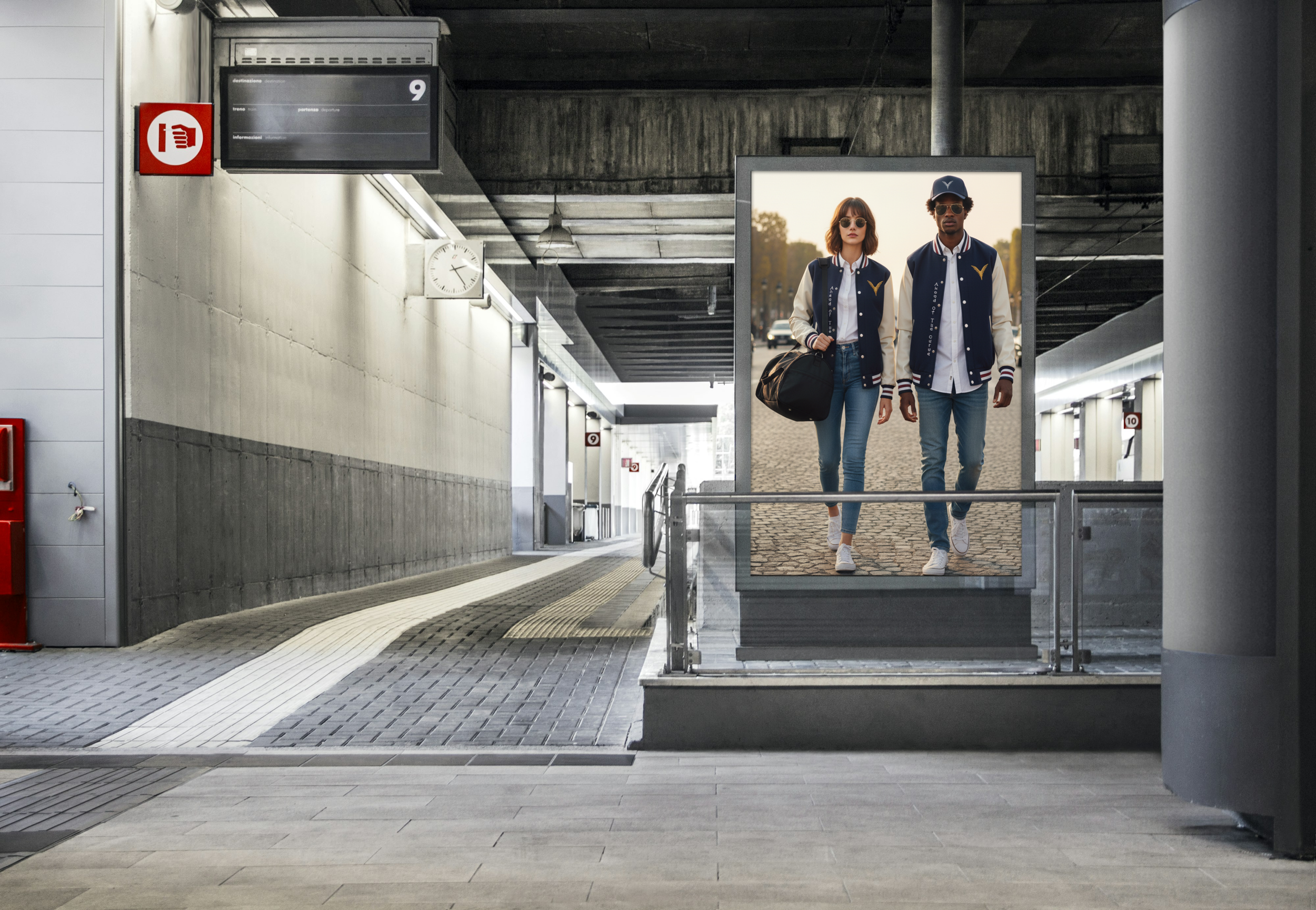 Une affiche publicitaire représentant un homme et une femme marchant ensemble, tous deux portant des vêtements d'apparence sportive et des lunettes de soleil, située dans une station de métro ou de train.