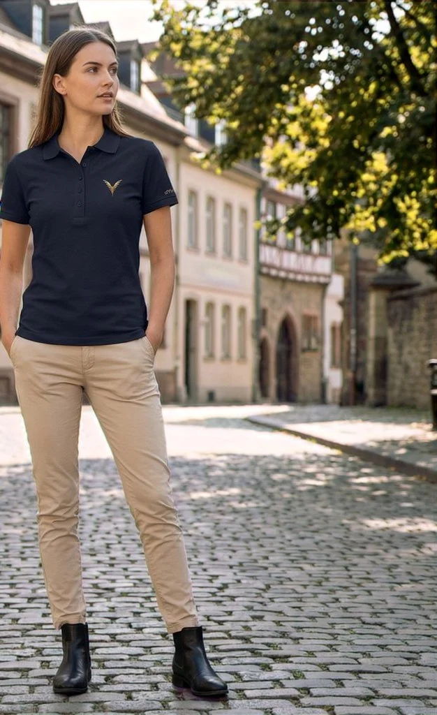 White woman wearing Yxelon's stYle Collections Navy Polo-shirt