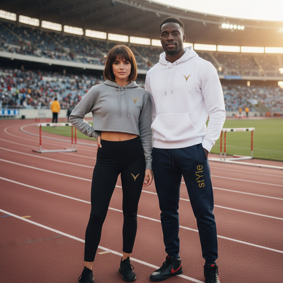 Deux athlètes posent sur une piste d'athlétisme dans un stade rempli de spectateurs, portant des vêtements de sport coordonnés avec des écussons dorés.